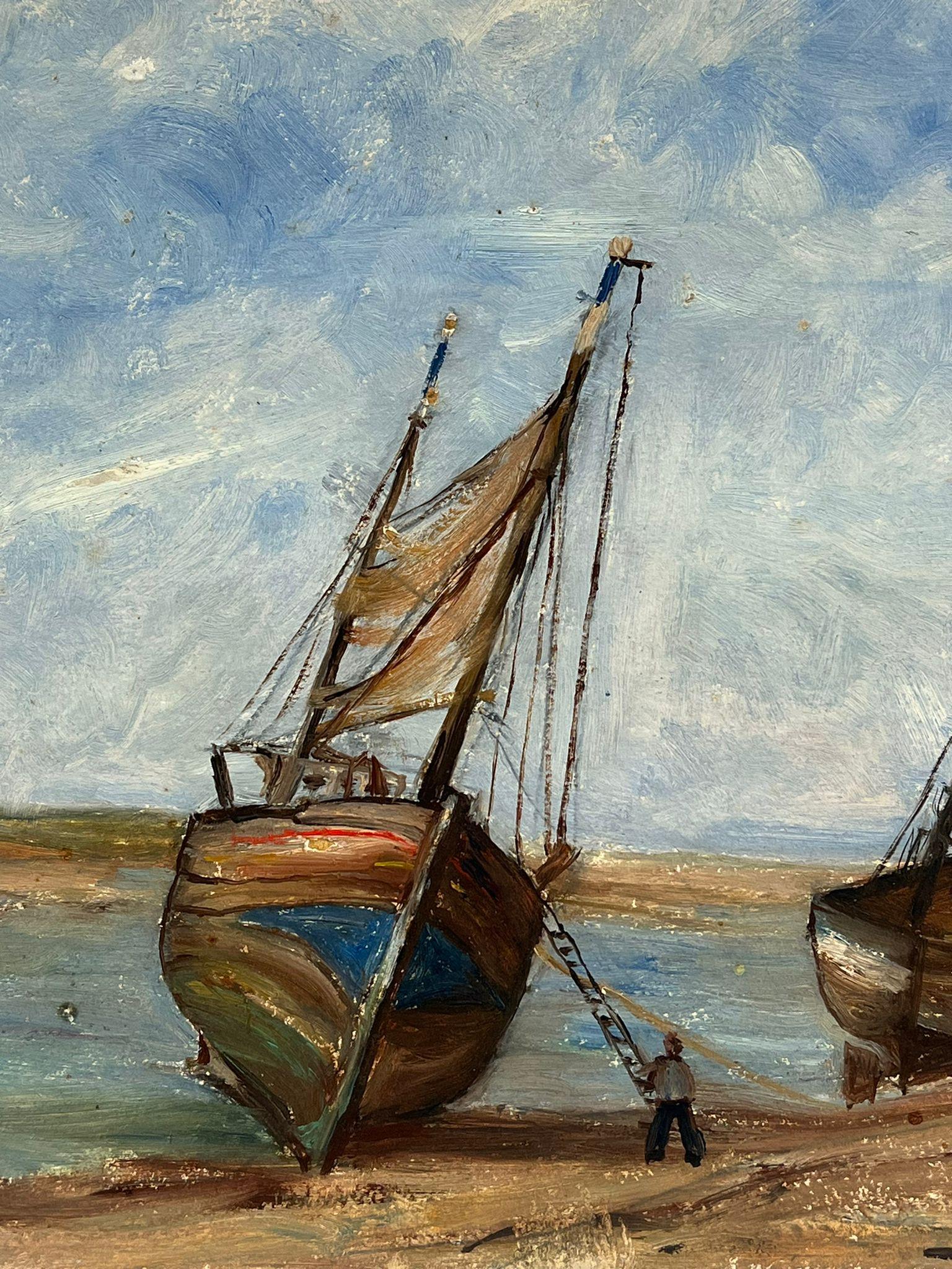 Mitte des 20. Jahrhunderts Französischer Impressionist Öl Gestrandete Fischerboote Küstenlinie (Grau), Landscape Painting, von Simone Forge