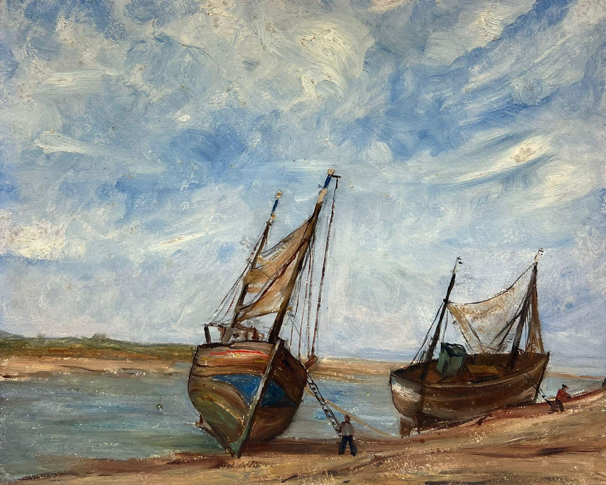 Mitte des 20. Jahrhunderts Französischer Impressionist Öl Gestrandete Fischerboote Küstenlinie
