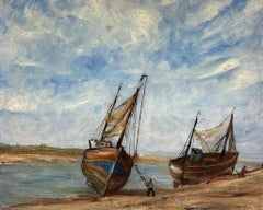 Mediados del siglo XX Óleo impresionista francés Barcos de pesca varados Costa