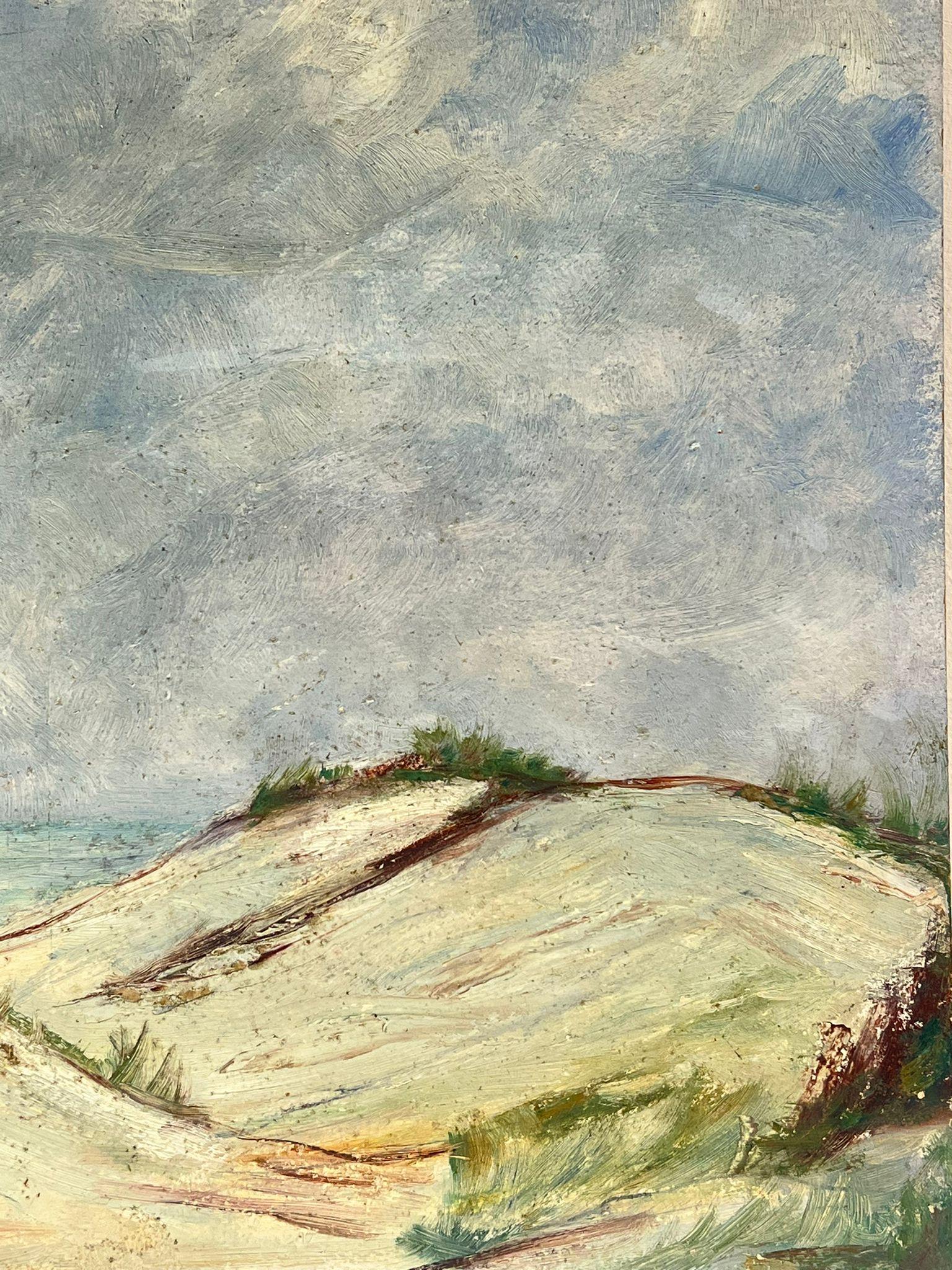 Olio impressionista della metà del XX secolo Dune di sabbia Paesaggio marino costiero - Landscape Painting Grigio di Simone Forge