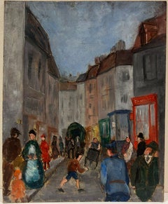 Mid 20th Century French Post-Impressionist Oil Busy French Town Street Figures
