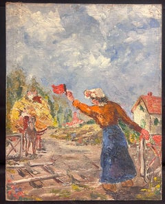 Französisches postimpressionistisches Ölgemälde aus der Mitte des 20. Jahrhunderts Haycart mit Figuren in Dorf
