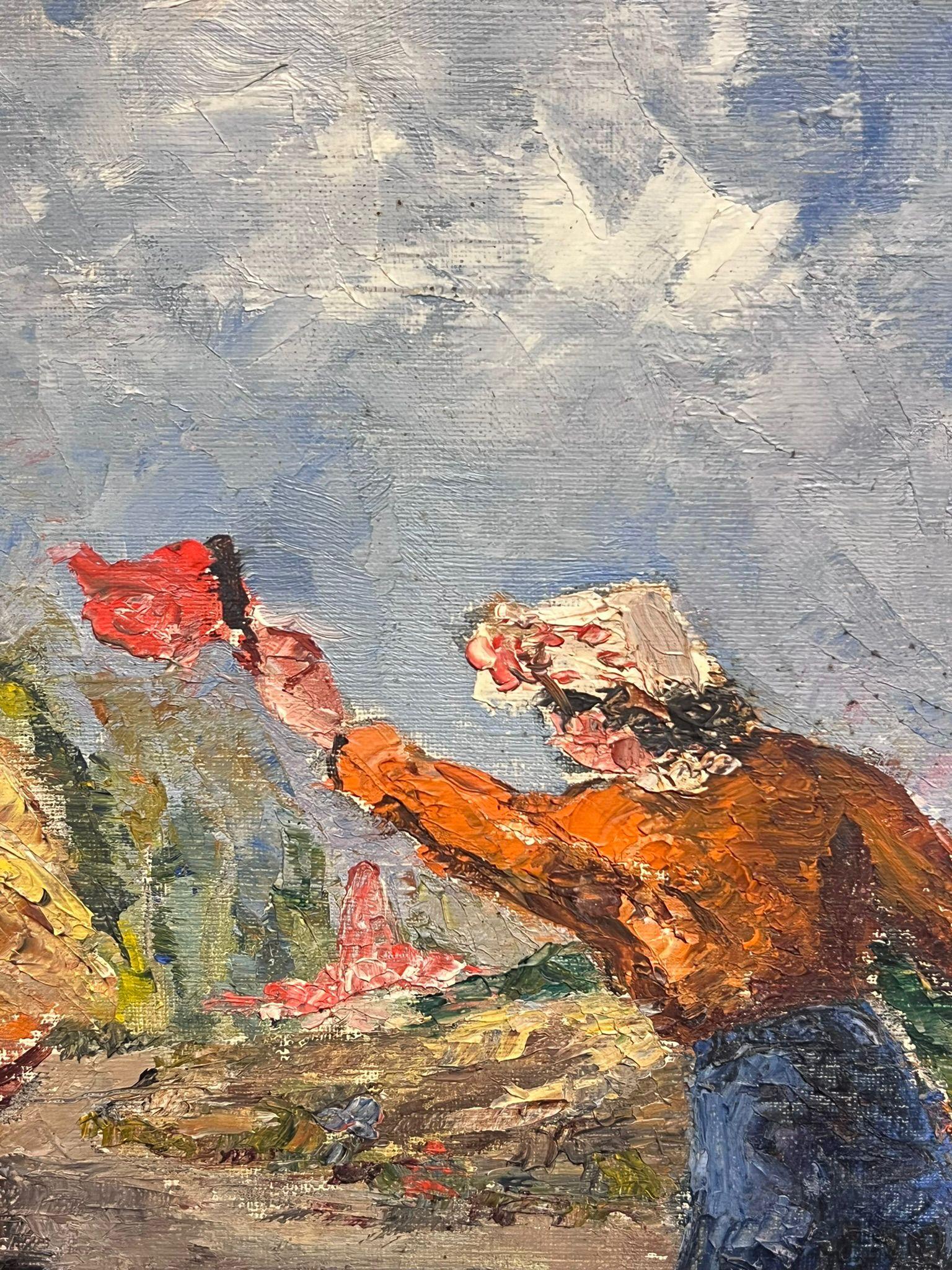 Haycart post-impressionniste français du milieu du 20e siècle, avec des personnages dans un village - Post-impressionnisme Painting par Simone Forge
