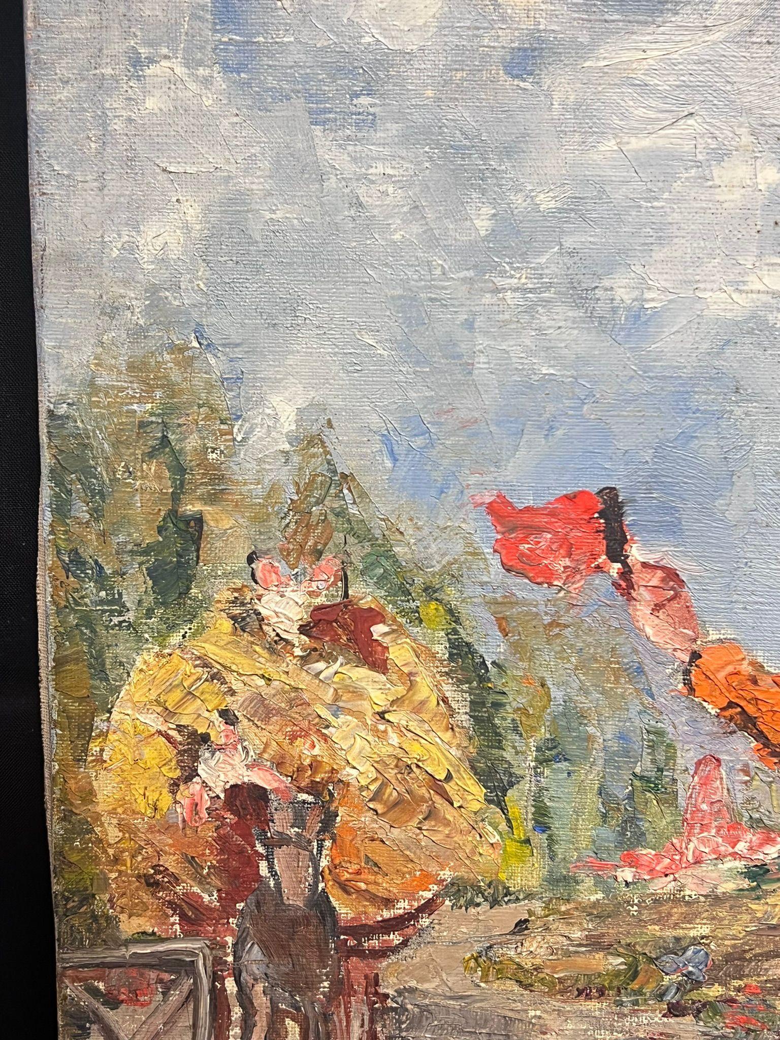 Haycart post-impressionniste français du milieu du 20e siècle, avec des personnages dans un village - Marron Landscape Painting par Simone Forge