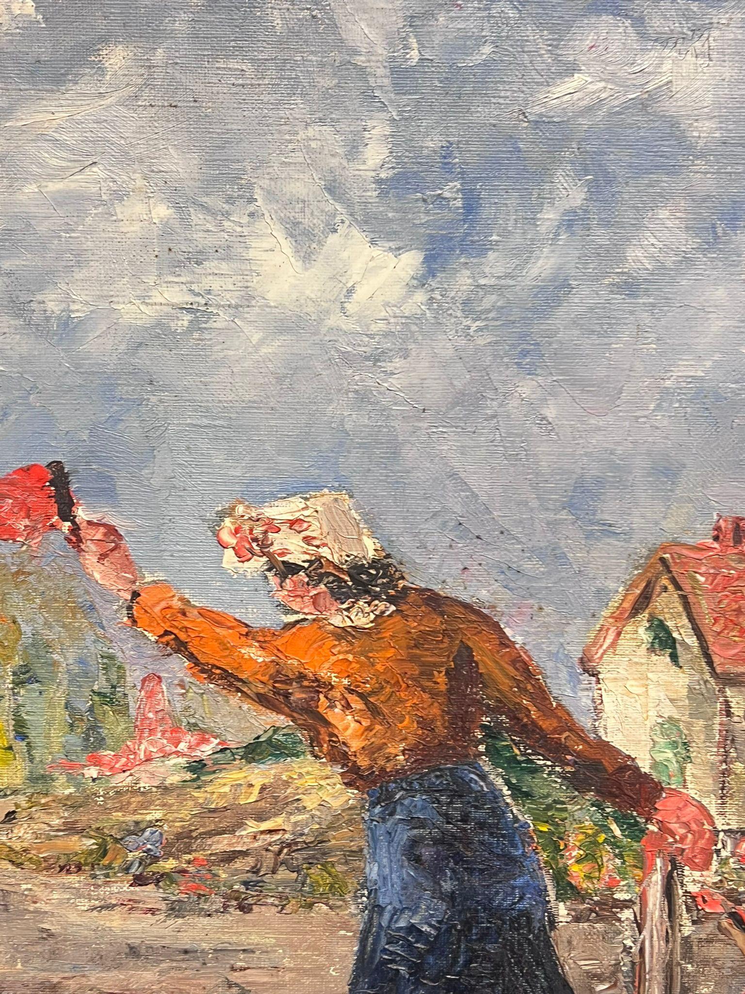 Les ramener à la maison par un signe de la main
de Simone Forge (artiste française, milieu du XXe siècle)
signé au verso
peinture à l'huile sur toile, non encadrée
mesure : 16,5 x 13 pouces
état : le tableau est en très bon état, présentable et