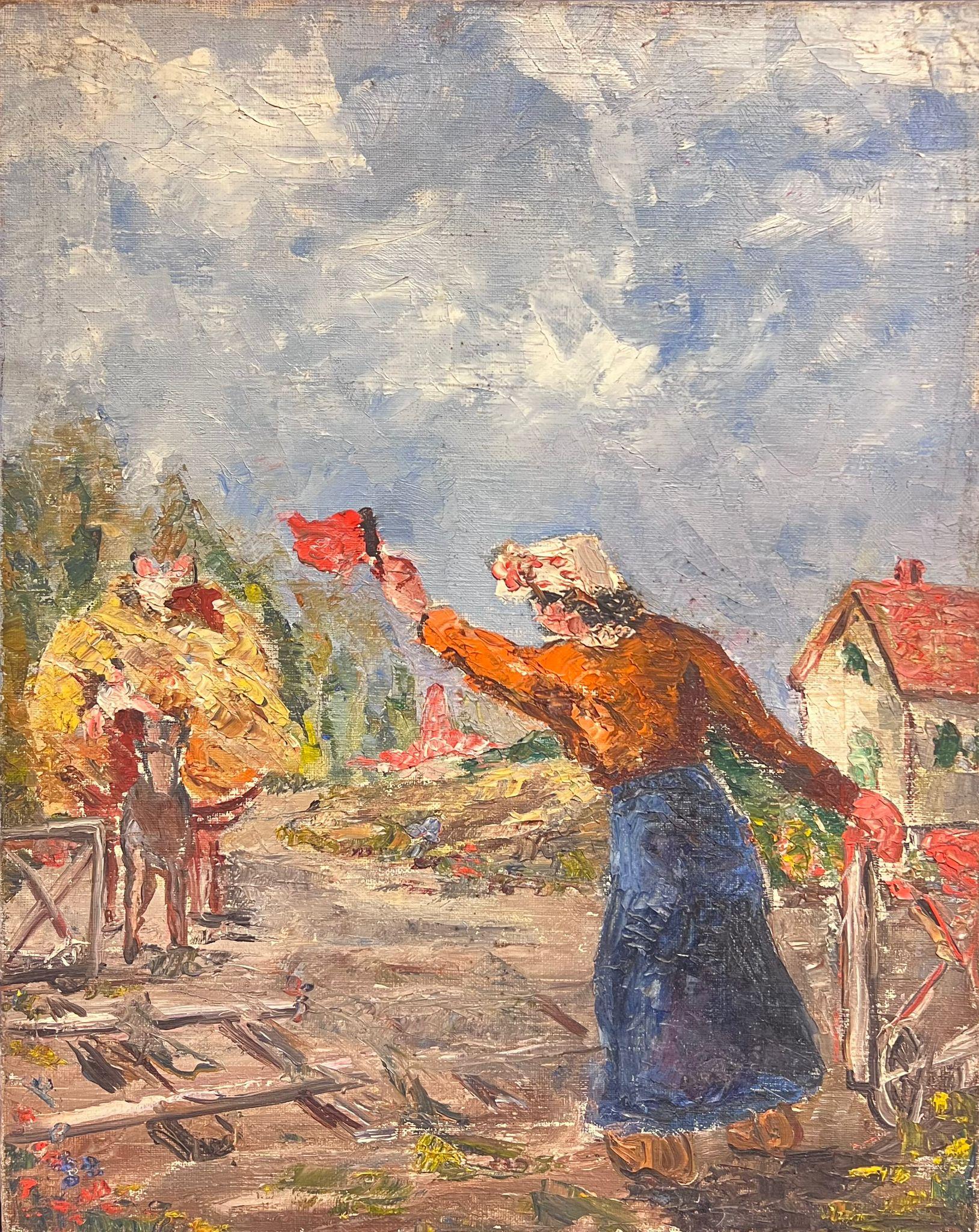 Mid 20th Century French Post-Impressionist Oil Haycart with Figures in Village