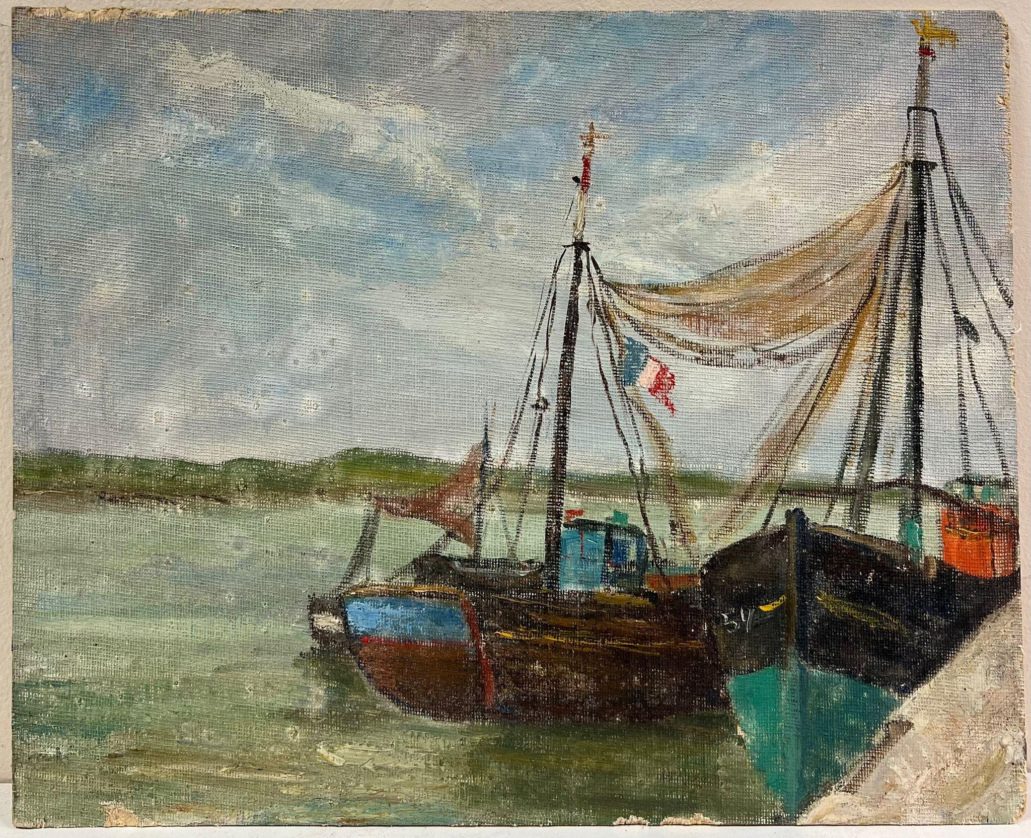 Des bateaux de croisière impressionnistes français du milieu du siècle avec drapeau français au port - Painting de Simone Forge