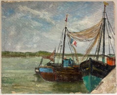 Mid Century French Impressionist Docked Boats with French Flag At The Harbour