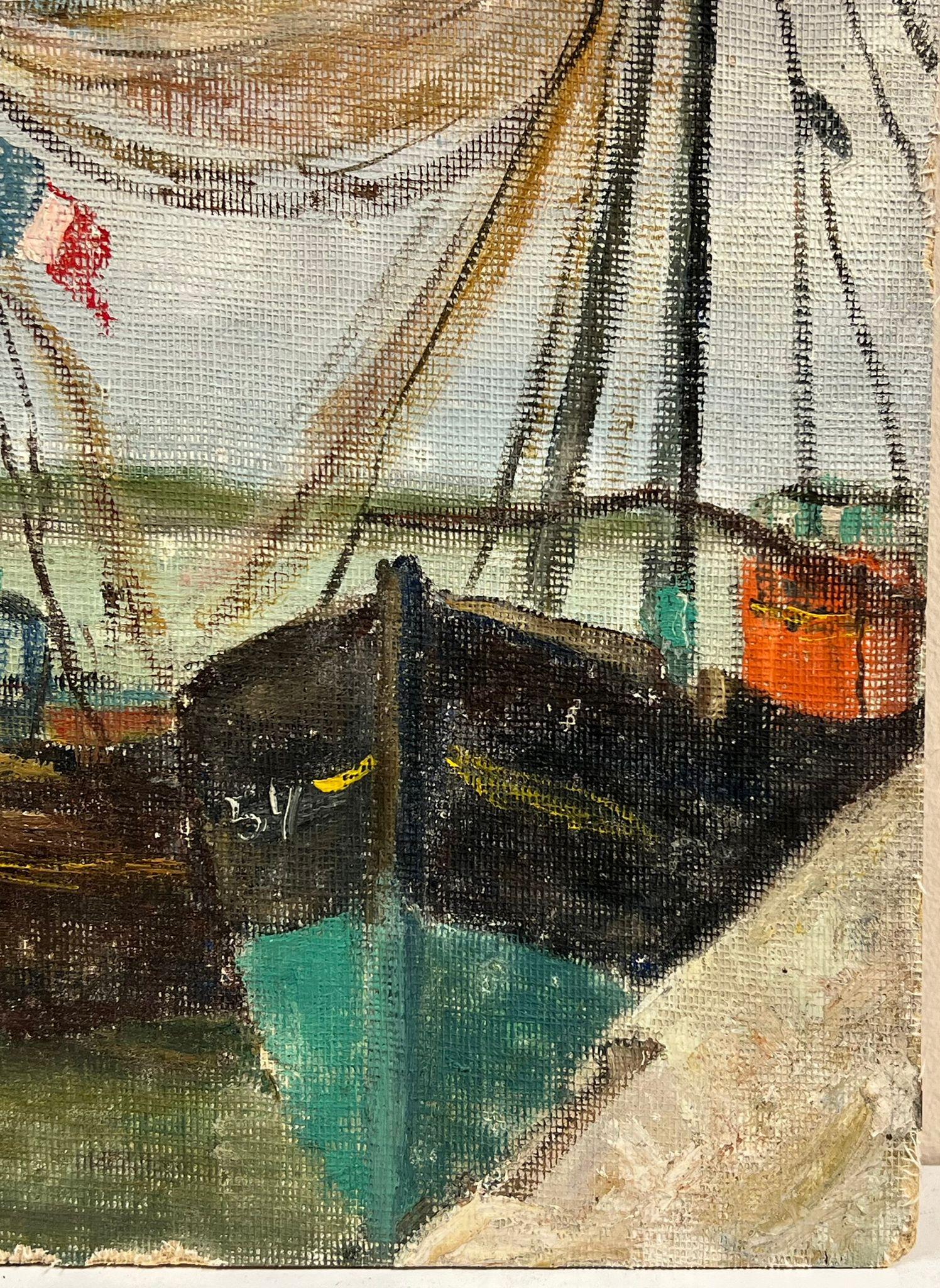 Des bateaux de croisière impressionnistes français du milieu du siècle avec drapeau français au port - Impressionnisme Painting par Simone Forge