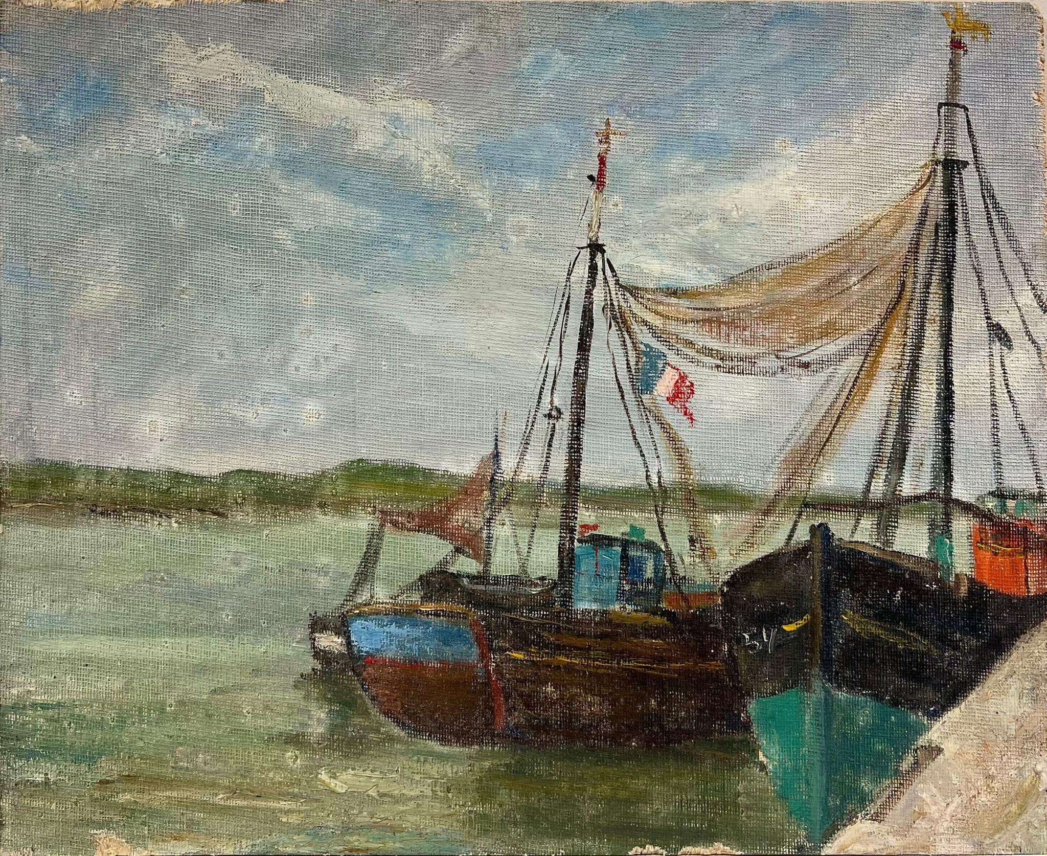 Französische impressionistische Docked Boats aus der Mitte des Jahrhunderts mit französischer Flagge im Hafen