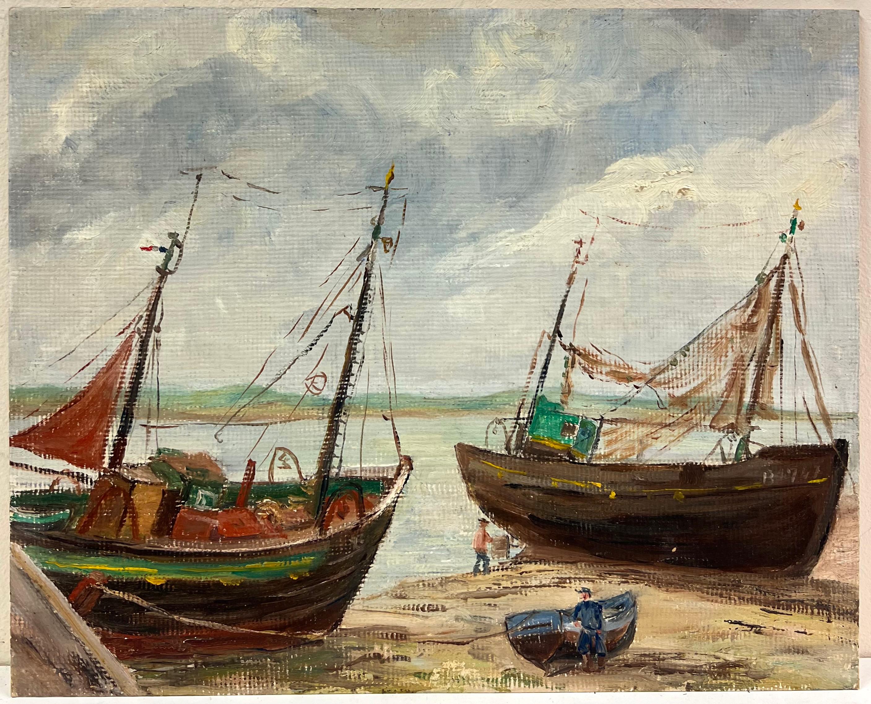 Mid-Century French Impressionist OFishing Boats Moored on the Beach with Figures - Painting by Simone Forge