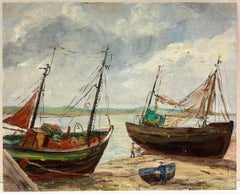 Impressionniste français du milieu du siècle OFishing Bateaux amarrés sur la plage avec personnages