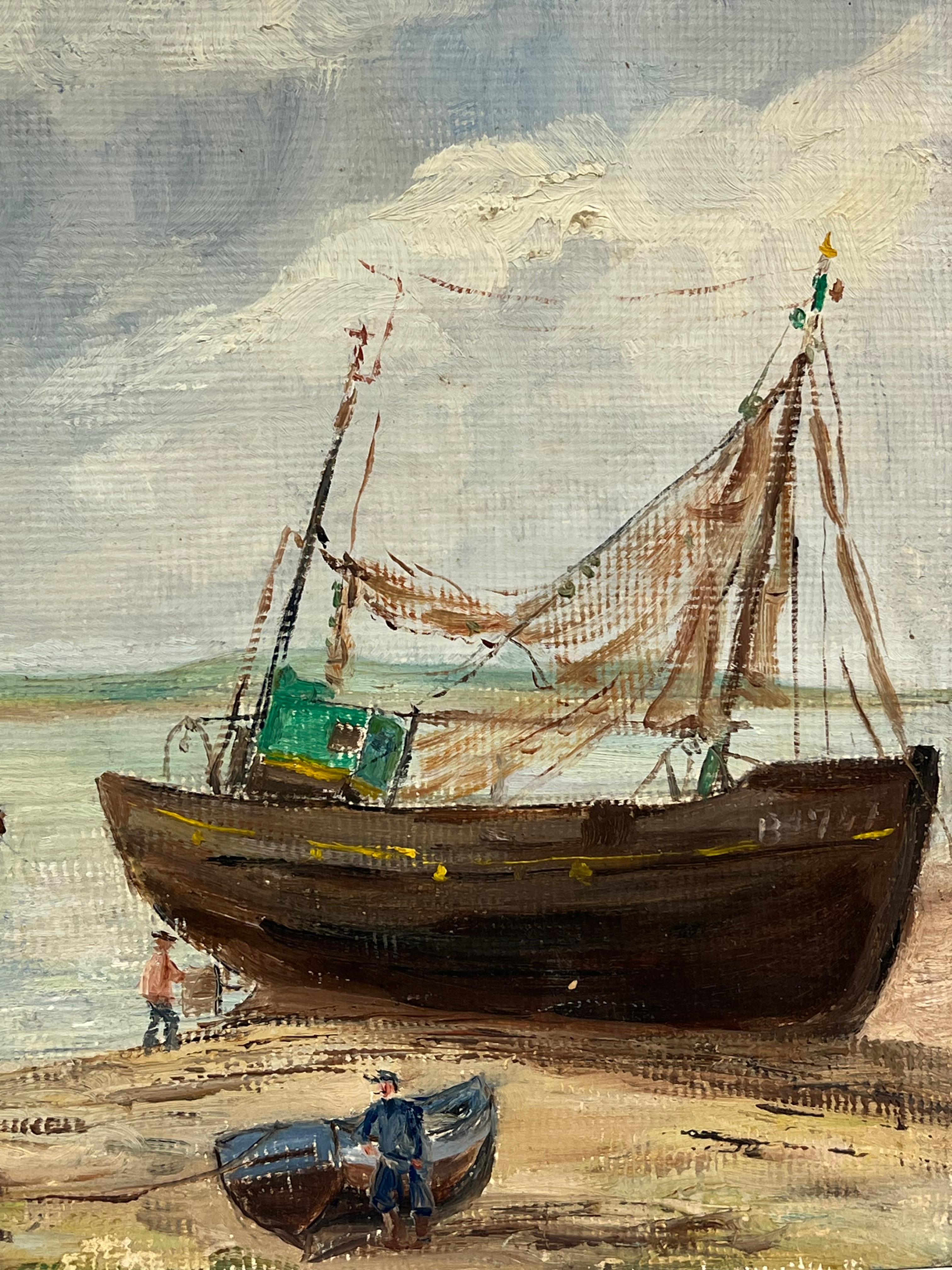 Mid-Century French Impressionist OFishing Boats Moored on the Beach with Figures - Beige Landscape Painting by Simone Forge