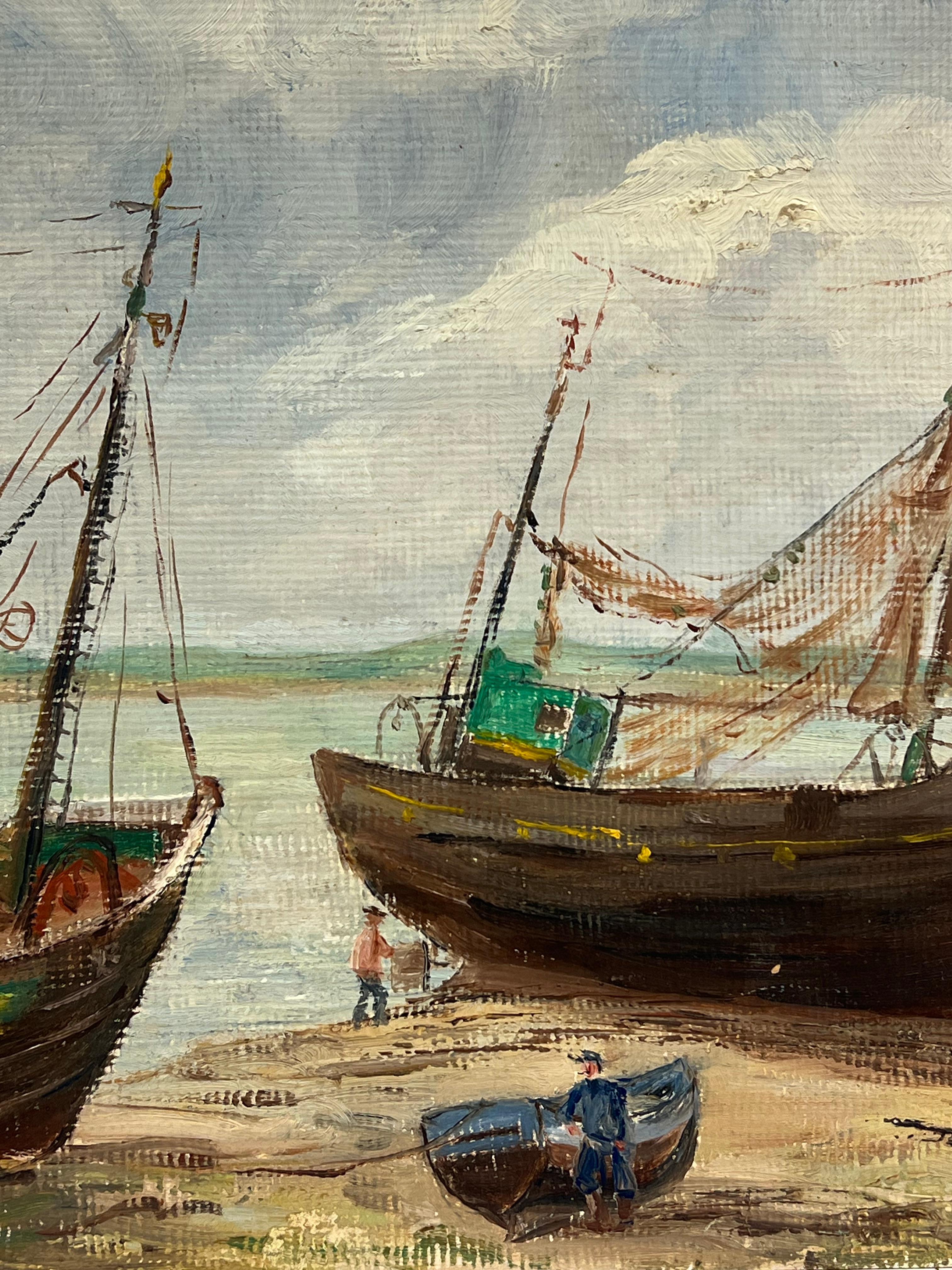 Mid-Century French Impressionist OFishing Boats Moored on the Beach with Figures For Sale 1