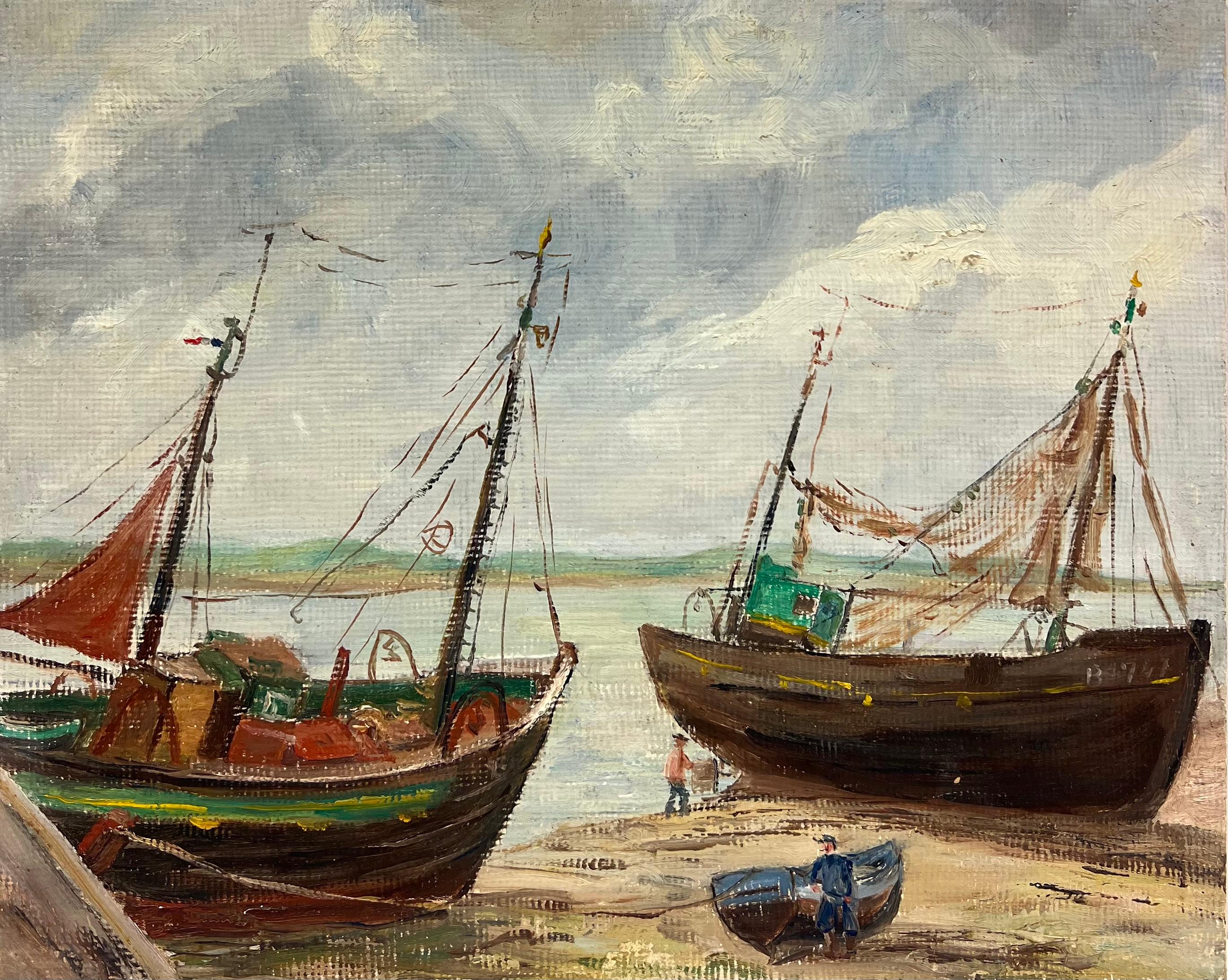 Französische impressionistische OFishing Boats aus der Mitte des Jahrhunderts am Strand mit Figuren