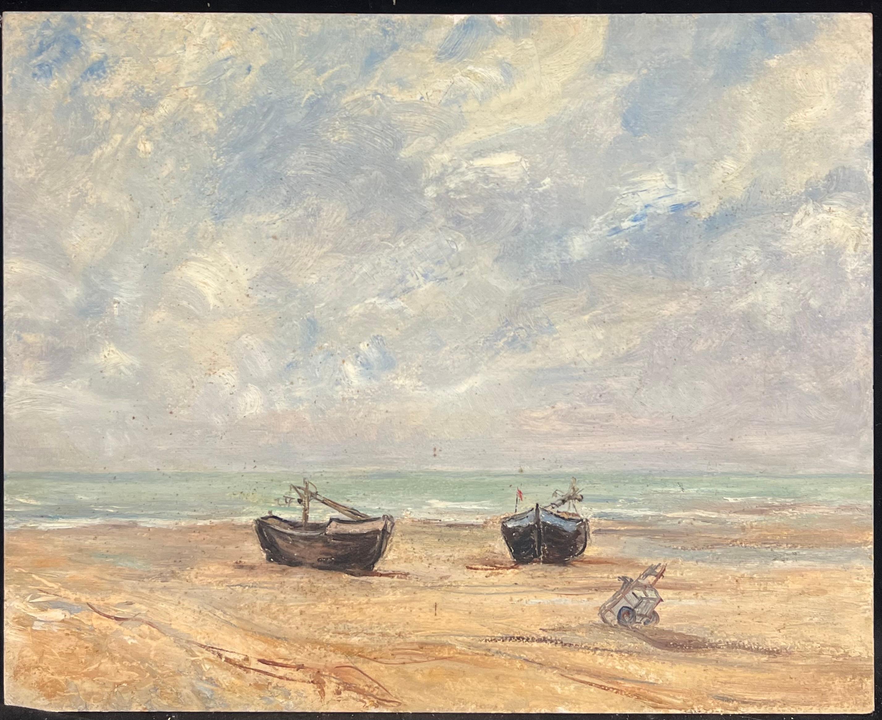 Mid Century Französisch Impressionist Öl Gestrandete Boote Sandige Küste Strand Meer – Painting von Simone Forge