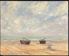 Mid Century Französisch Impressionist Öl Gestrandete Boote Sandige Küste Strand Meer