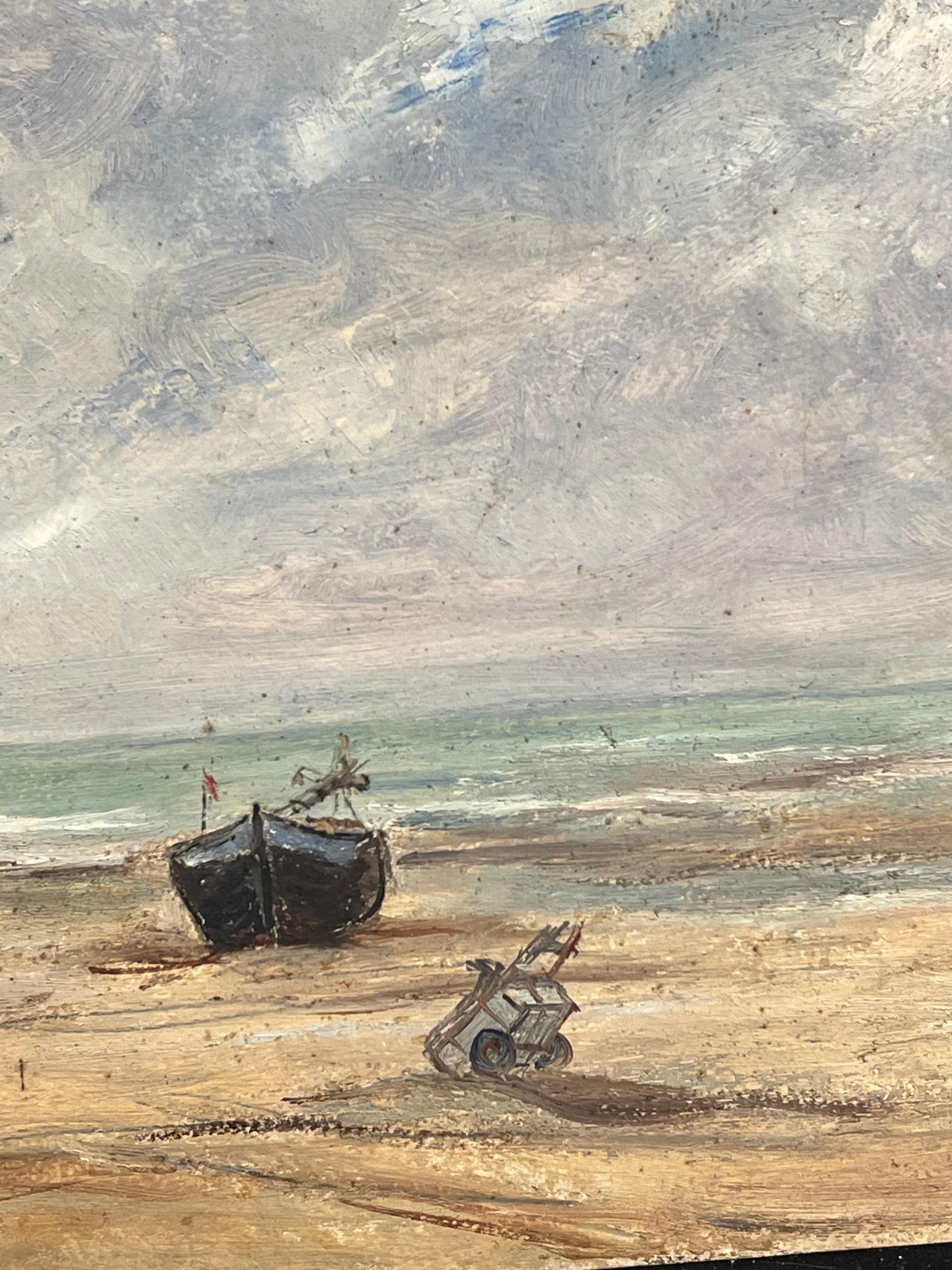 Mid Century Französisch Impressionist Öl Gestrandete Boote Sandige Küste Strand Meer (Impressionismus), Painting, von Simone Forge