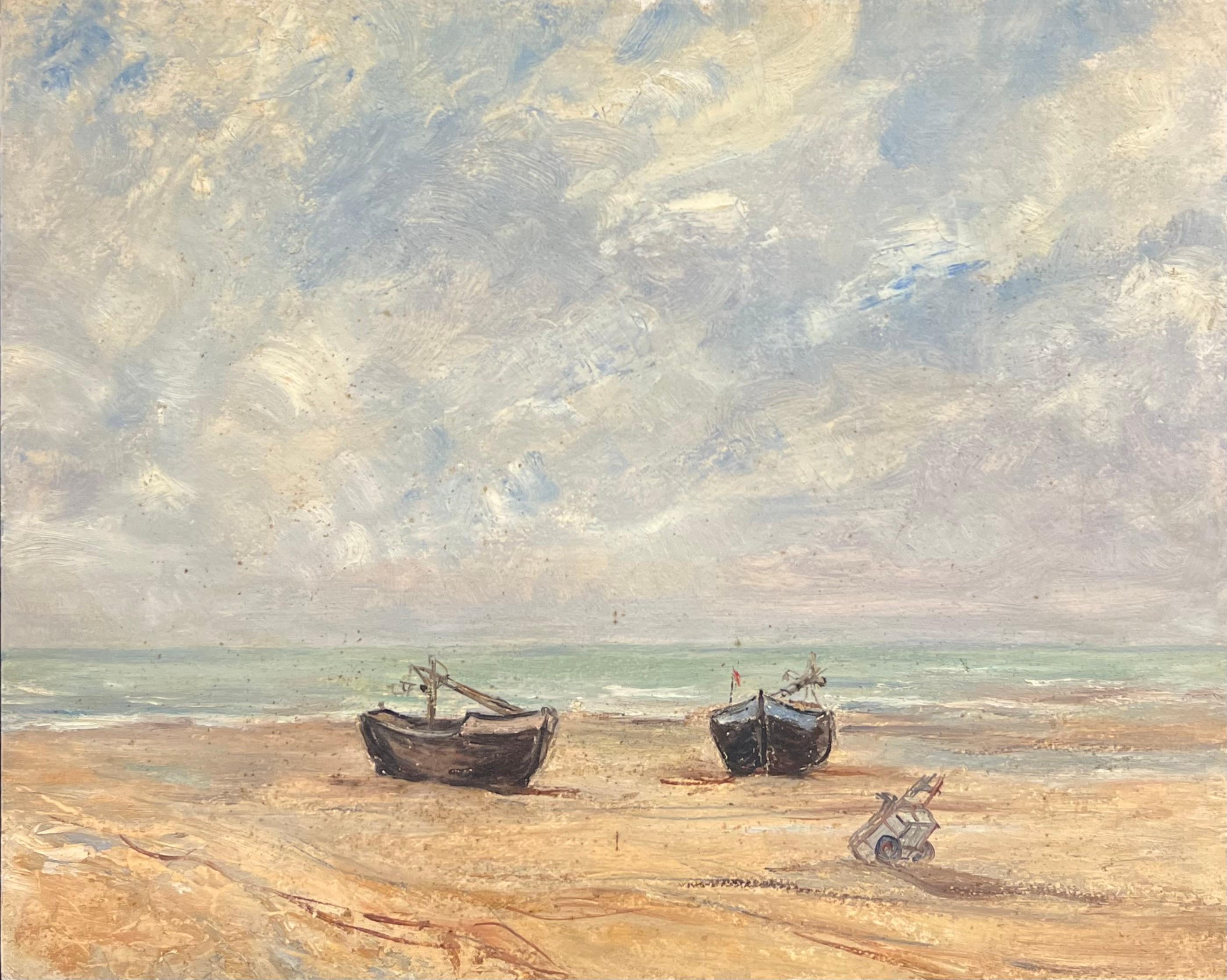 Mid Century Französisch Impressionist Öl Gestrandete Boote Sandige Küste Strand Meer