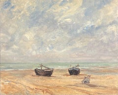 Mid Century French Impressionist Oil Beached Boats Sandy Coastline Beach Sea