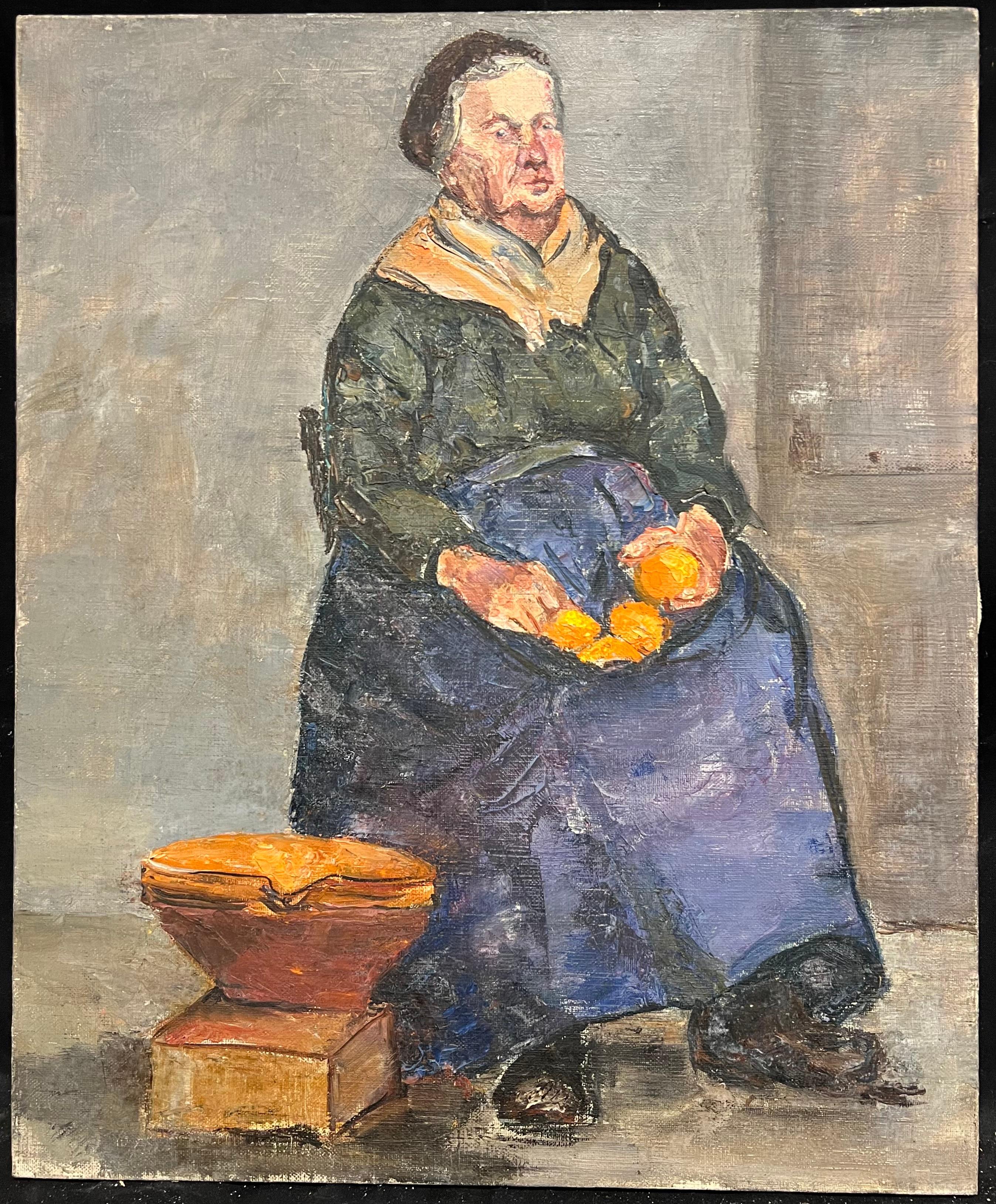 Ritratto impressionista di metà secolo di una donna anziana seduta con le arance - Painting di Simone Forge