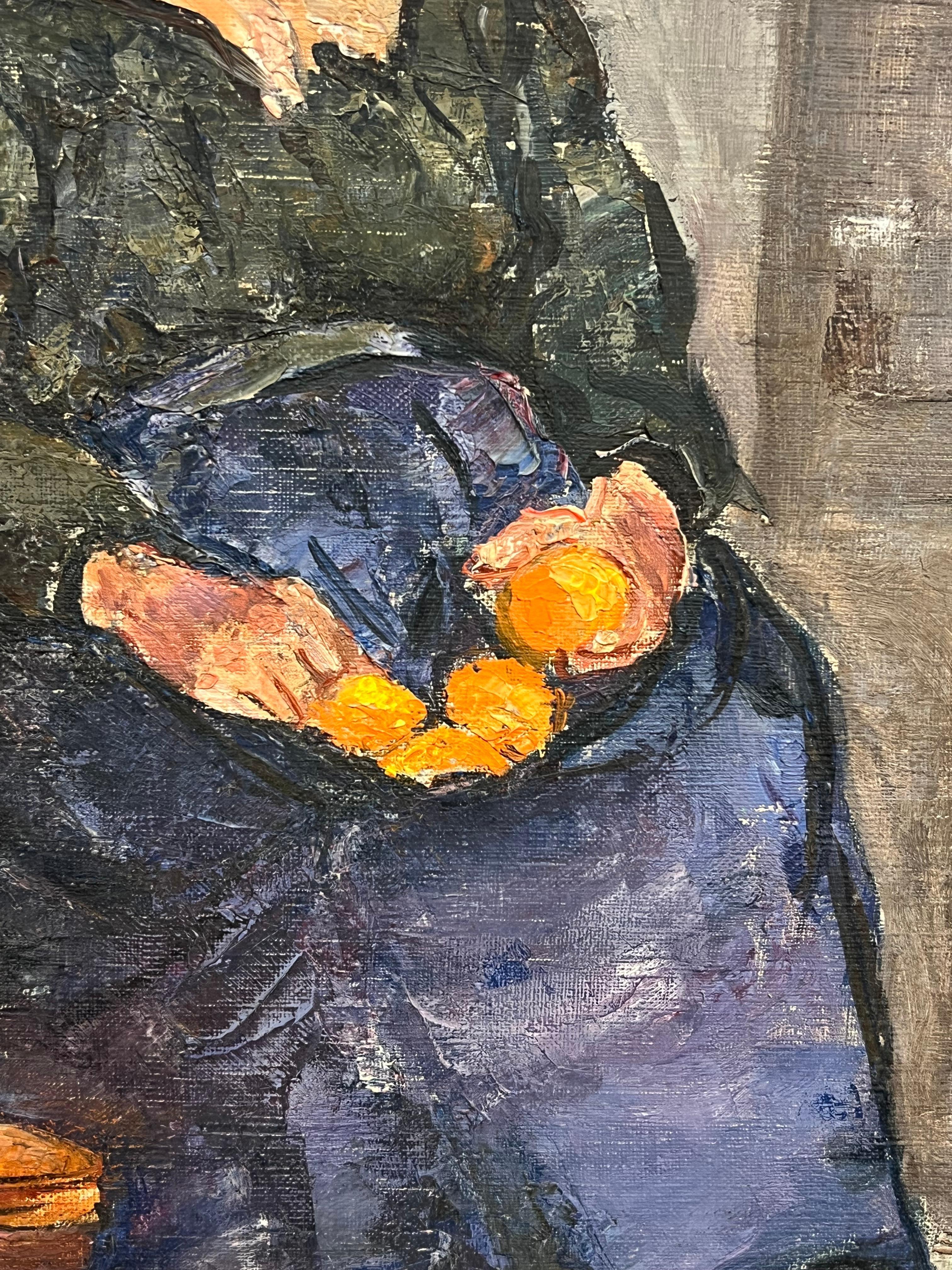 Ritratto impressionista di metà secolo di una donna anziana seduta con le arance - Portrait Painting Marrone di Simone Forge