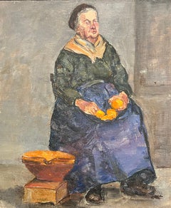 Antique Mid-Century Impressionist Portrait of an Elderly Woman Seated with Oranges