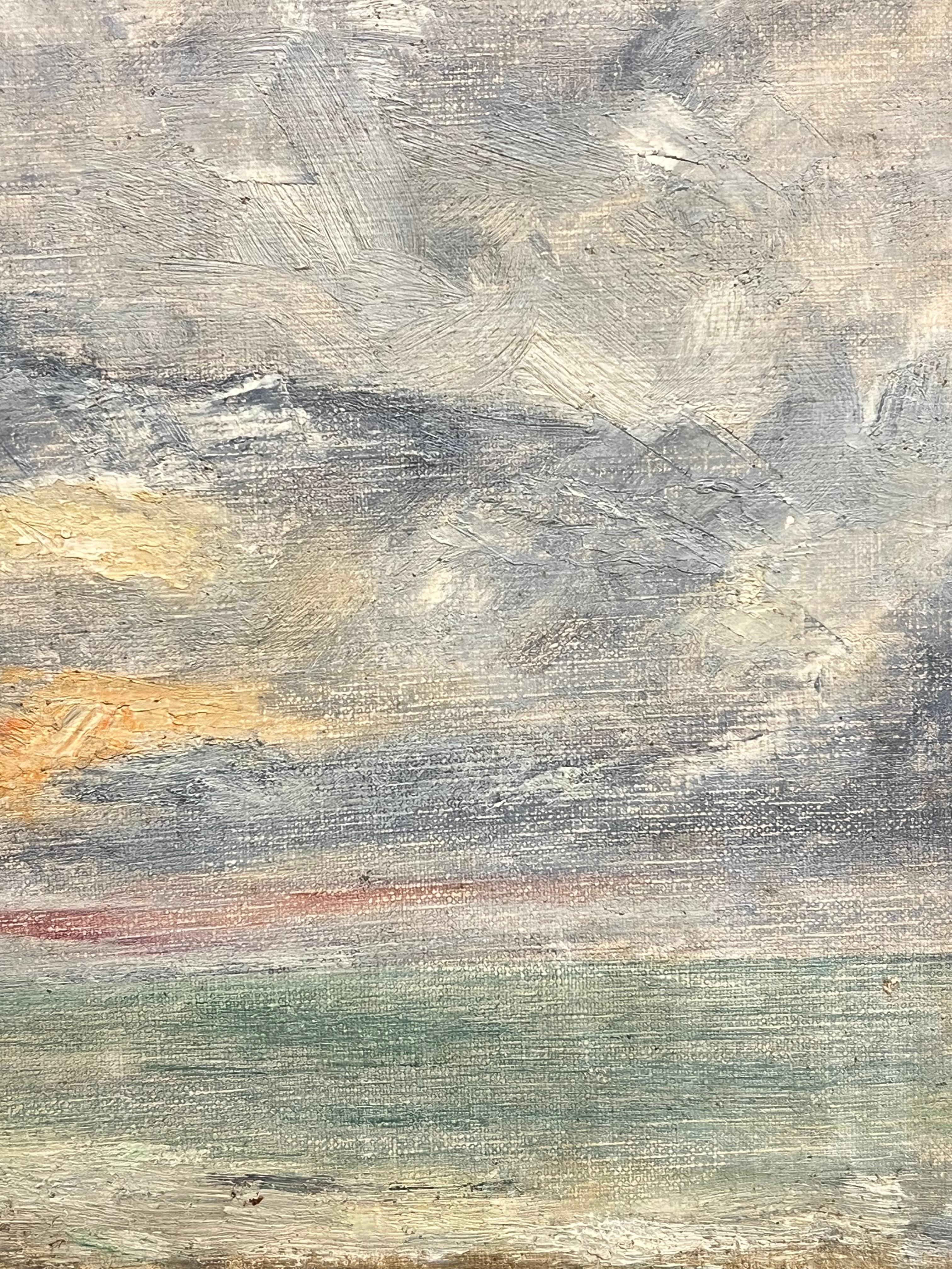 Peaceful Coastal Horizon mit Gentle Pastel Sky und Scharnieren des Sonnenaufgangs über dem Meer – Painting von Simone Forge