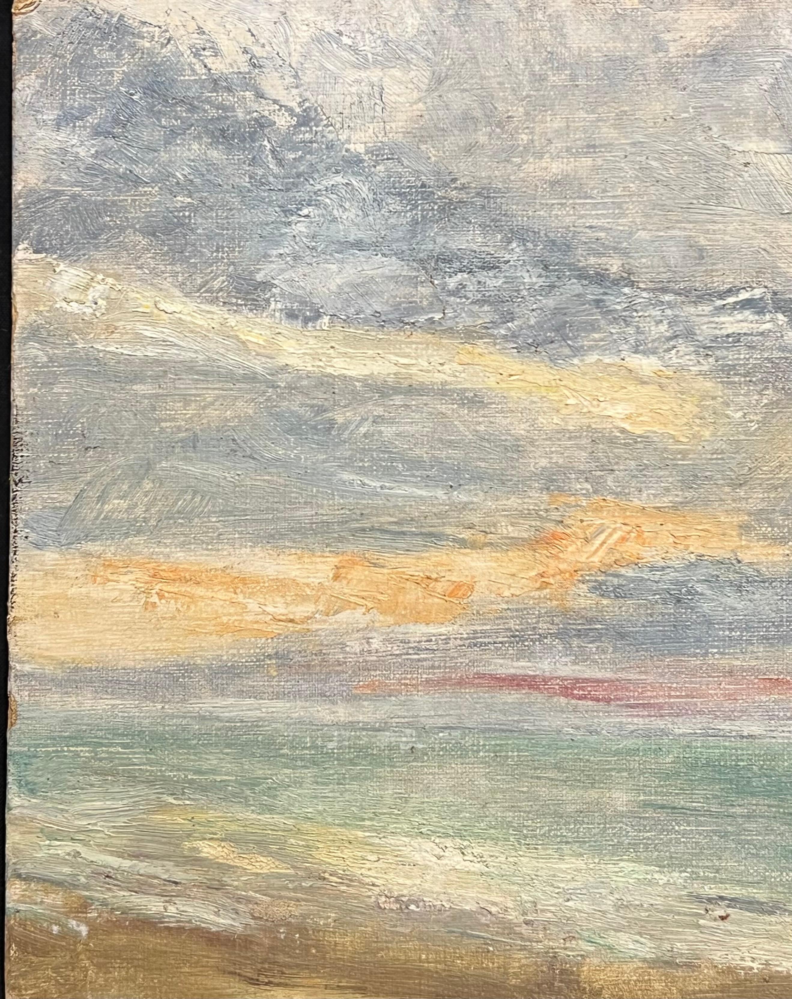 Peaceful Coastal Horizon mit Gentle Pastel Sky und Scharnieren des Sonnenaufgangs über dem Meer (Impressionismus), Painting, von Simone Forge