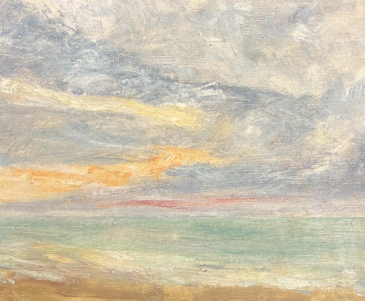 Simone Forge Landscape Painting – Peaceful Coastal Horizon mit Gentle Pastel Sky und Scharnieren des Sonnenaufgangs über dem Meer