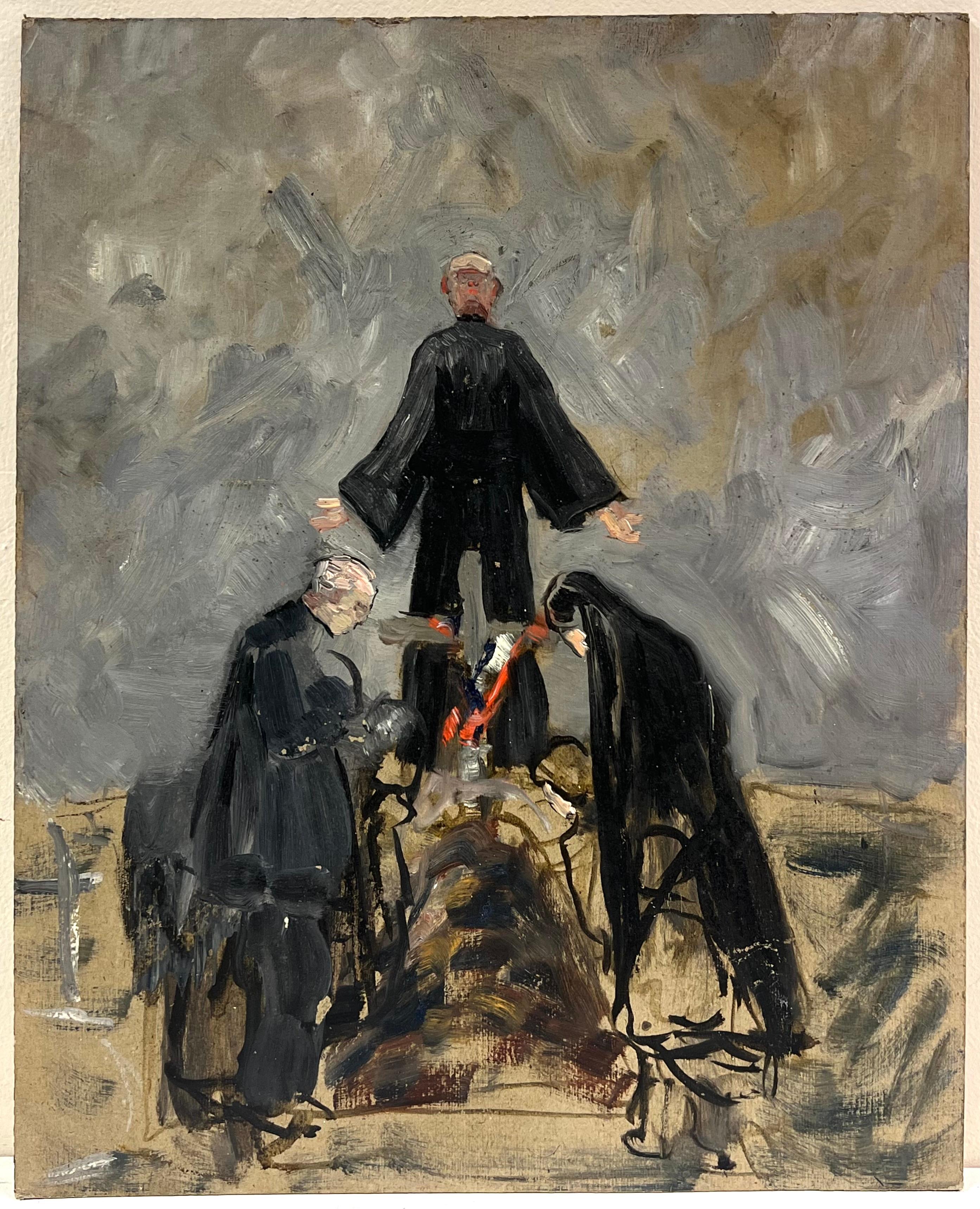 Soldaten Ritual mit Figuren in schwarzem französischem impressionistischem Ölgemälde – Painting von Simone Forge