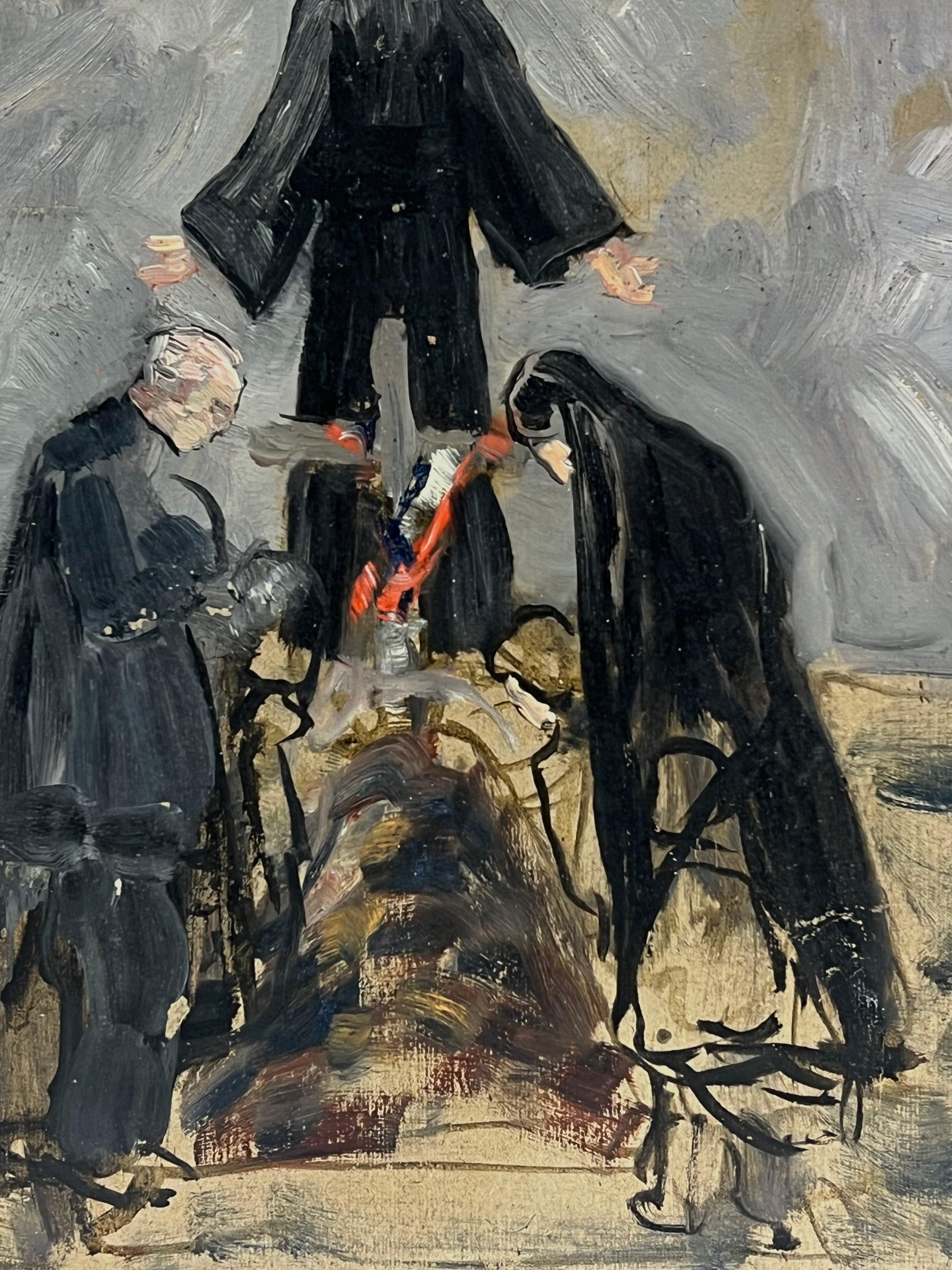 Soldaten Ritual mit Figuren in schwarzem französischem impressionistischem Ölgemälde (Braun), Figurative Painting, von Simone Forge