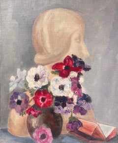Antique Still Life with Bust Sculpture Vibrant Anemone Flowers and Folded Book