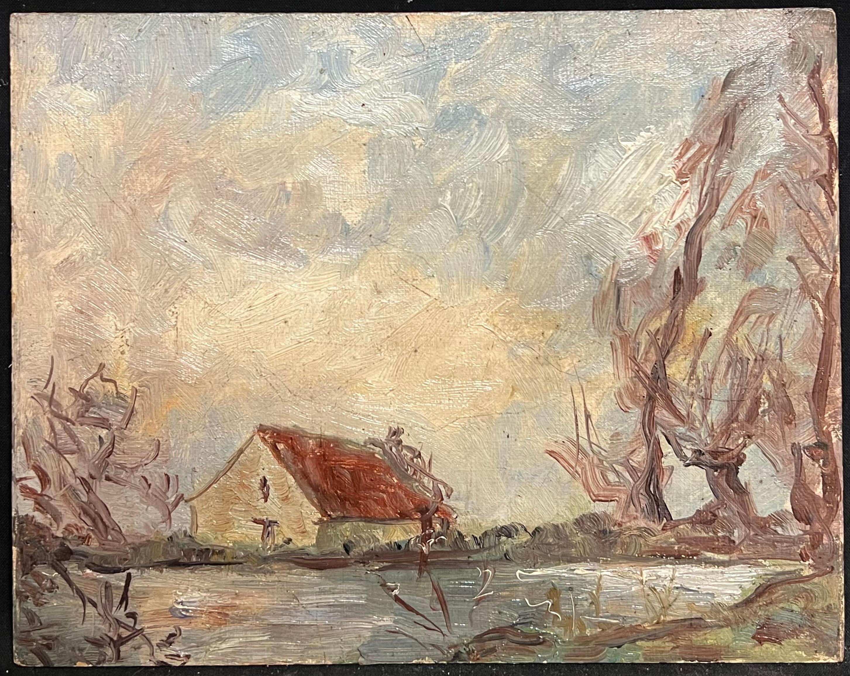 Tranquil Countryside Scene with Cottage and Bare Trees by the Water - Painting by Simone Forge