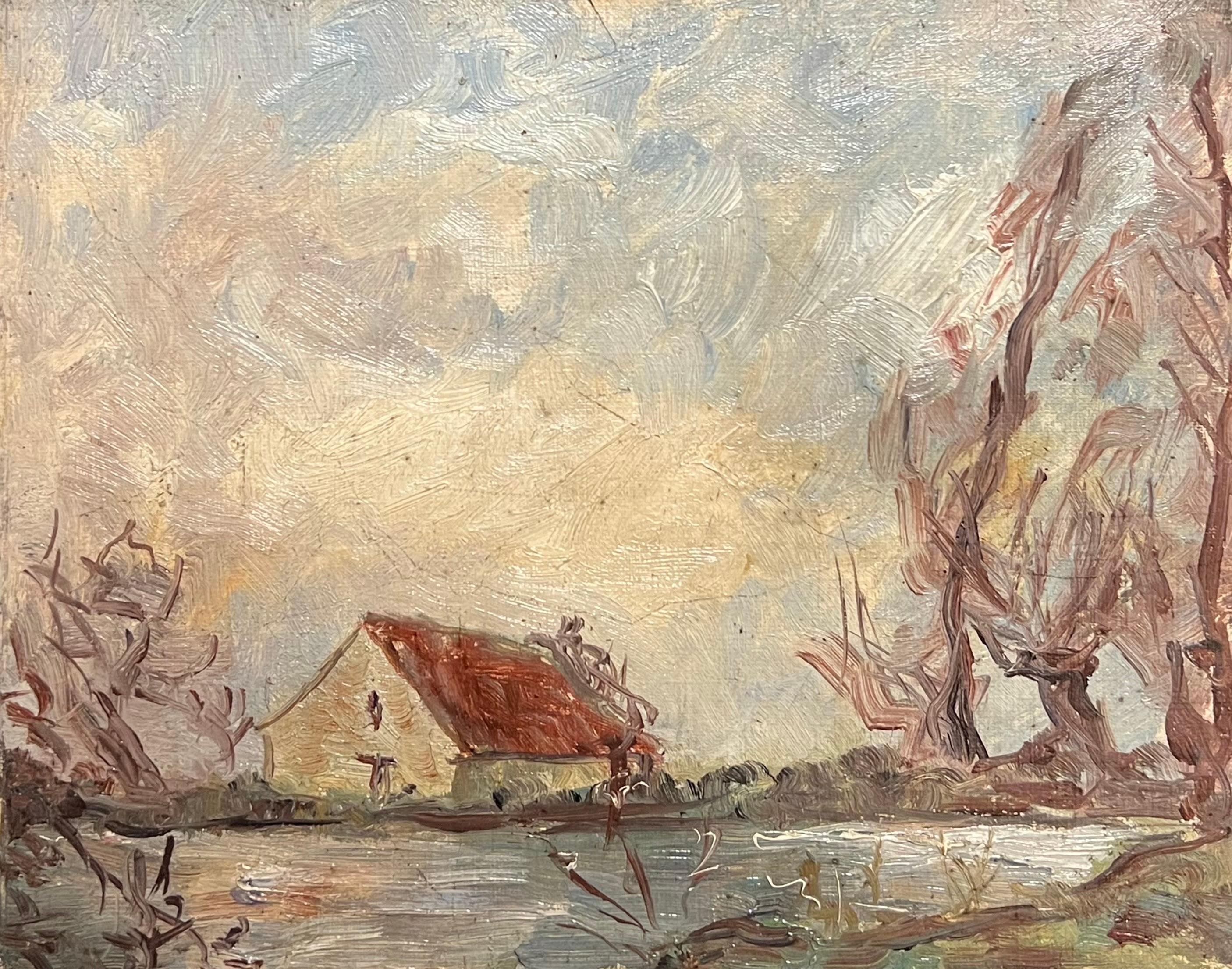 Simone Forge Landscape Painting - Tranquil Countryside Scene with Cottage and Bare Trees by the Water