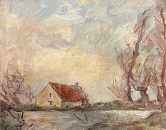 Antique Tranquil Countryside Scene with Cottage and Bare Trees by the Water