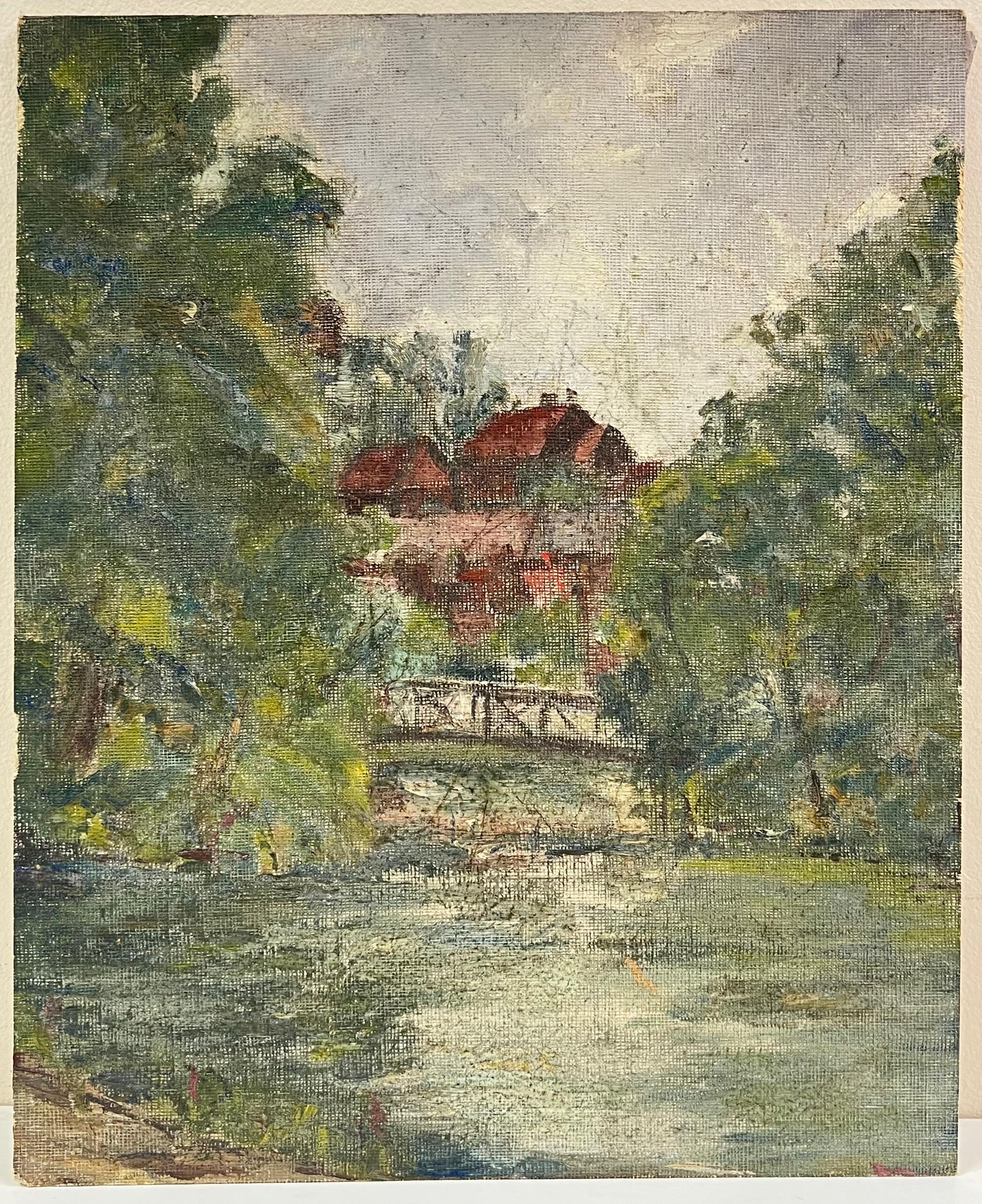 Tranquila escena fluvial con puente y pueblo a lo lejos Pintura al óleo francesa - Painting de Simone Forge