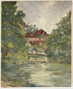 Tranquil River Scene with Bridge and Village in the Distance French Oil Painting
