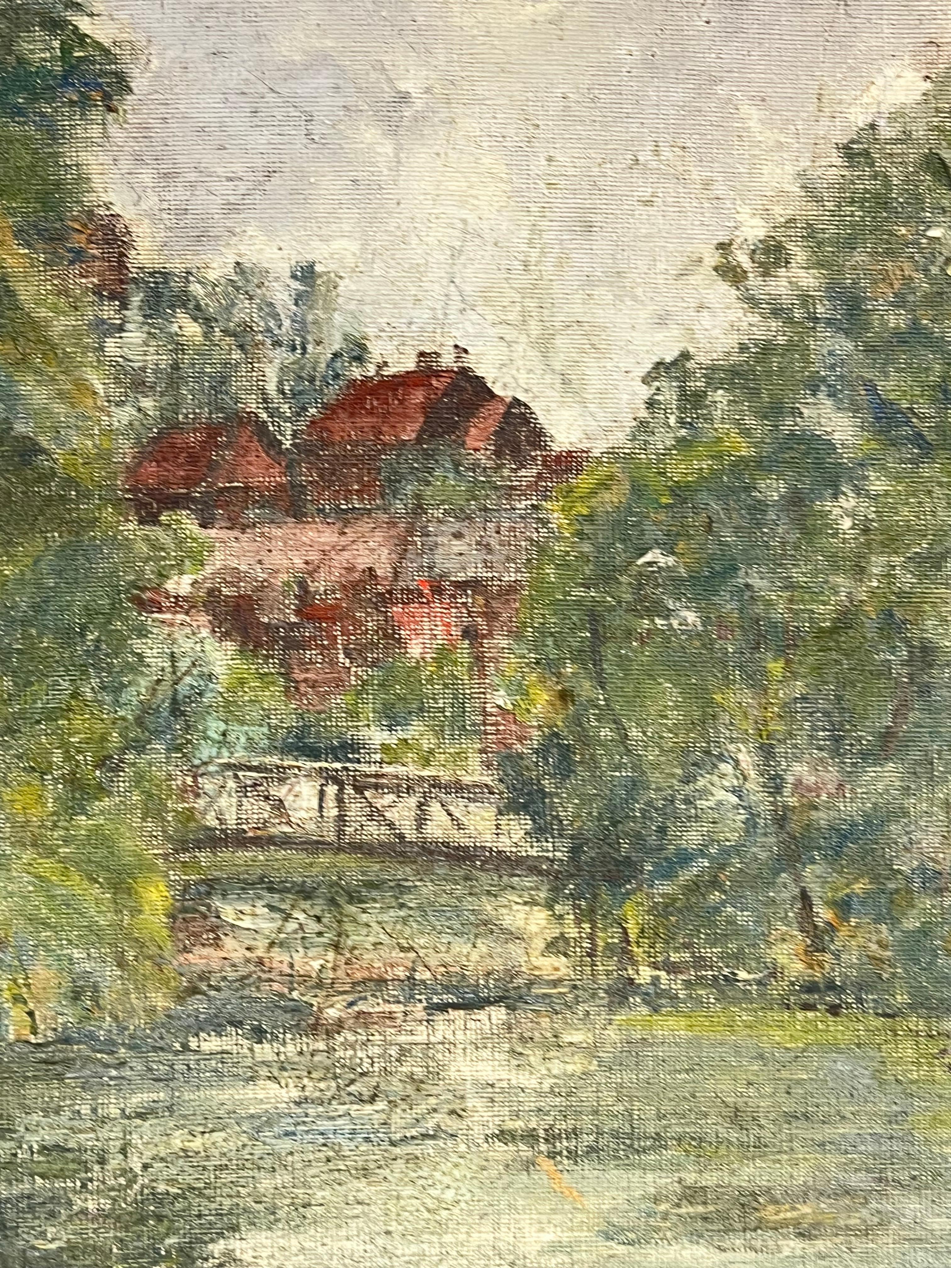 Tranquila escena fluvial con puente y pueblo a lo lejos Pintura al óleo francesa - Painting Impresionista de Simone Forge