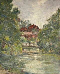 Peinture à l'huile française avec scène de rivière Tranquil avec pont et village à distance