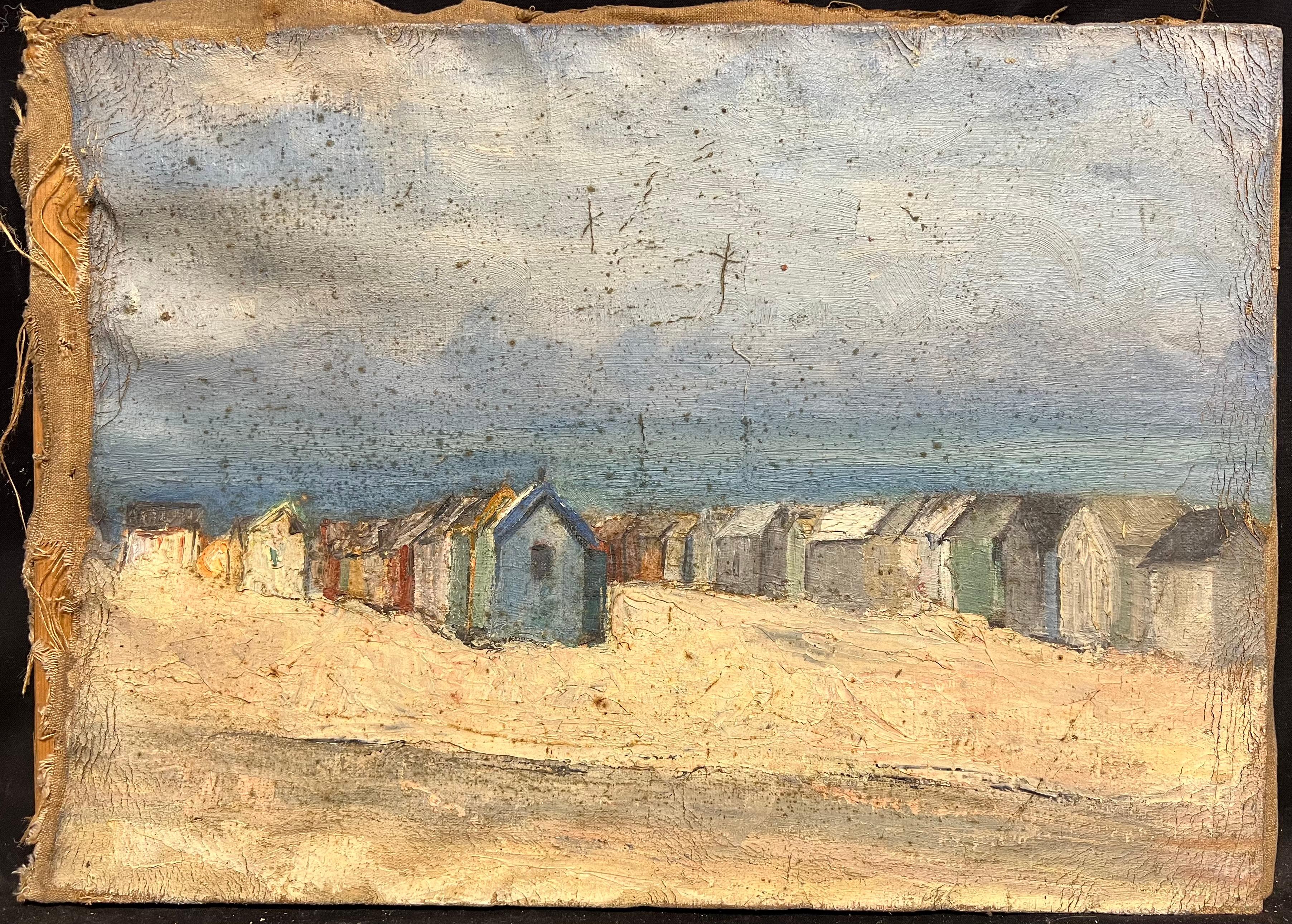 Scène côtière vintage avec huttes de plage altérées le long d'une côte de sable - Painting de Simone Forge
