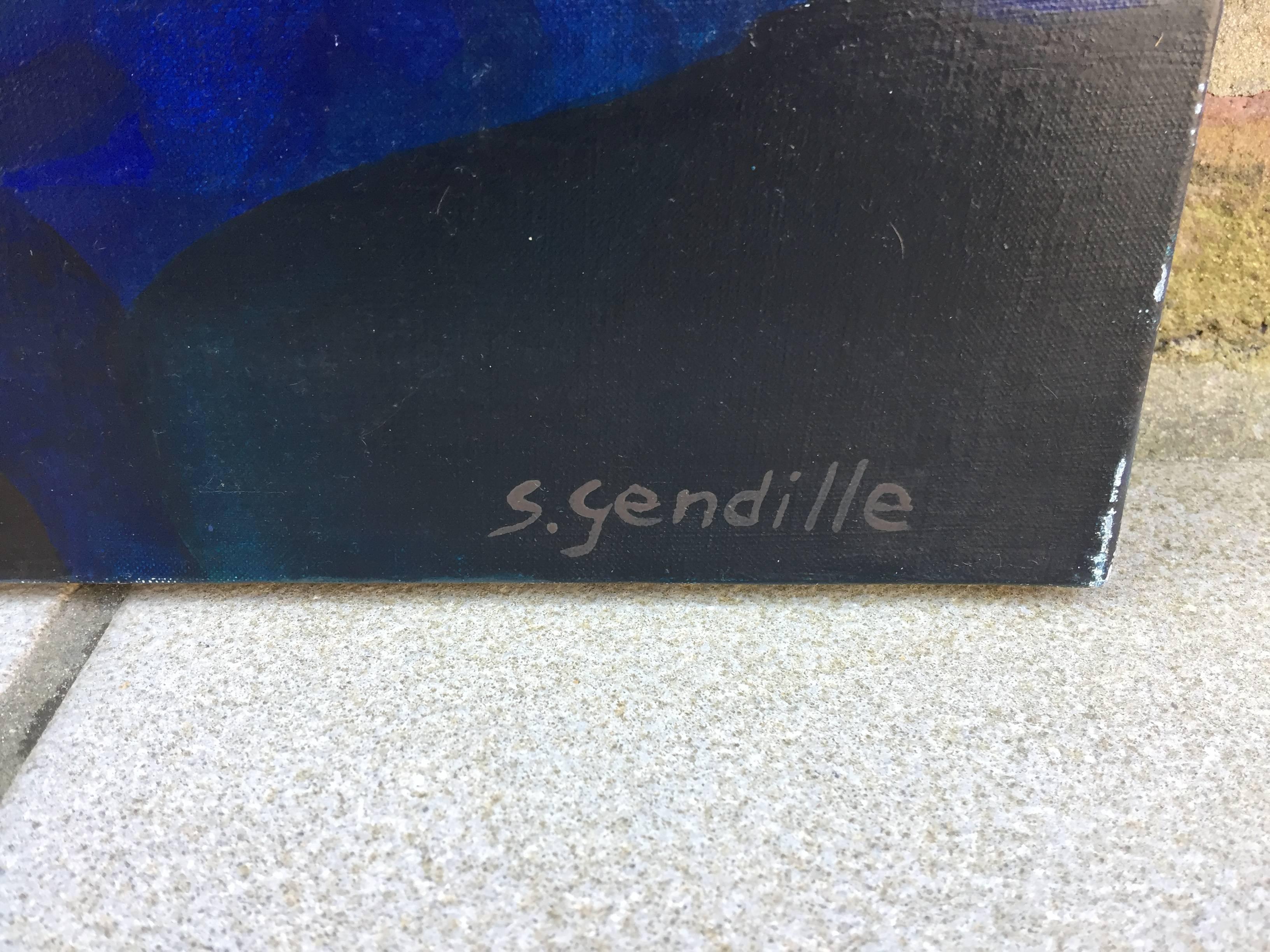 Moderne Simone Gendille, « coucher de soleil bleu », acrylique sur toile, signée en vente