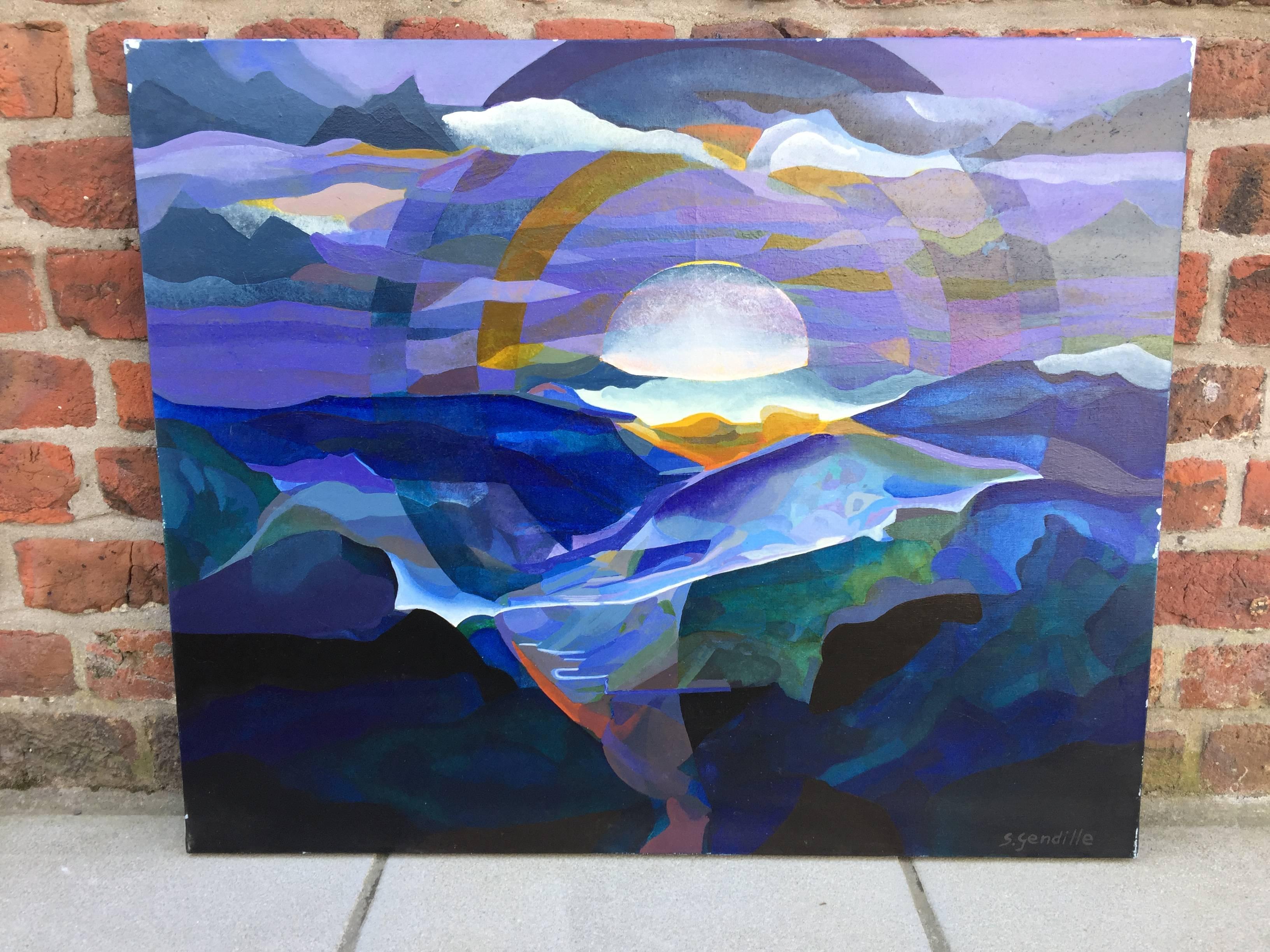 Français Simone Gendille, « coucher de soleil bleu », acrylique sur toile, signée en vente