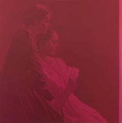 Ölporträt zweier Leserinnen in Rot von poetischem italienischen Maler