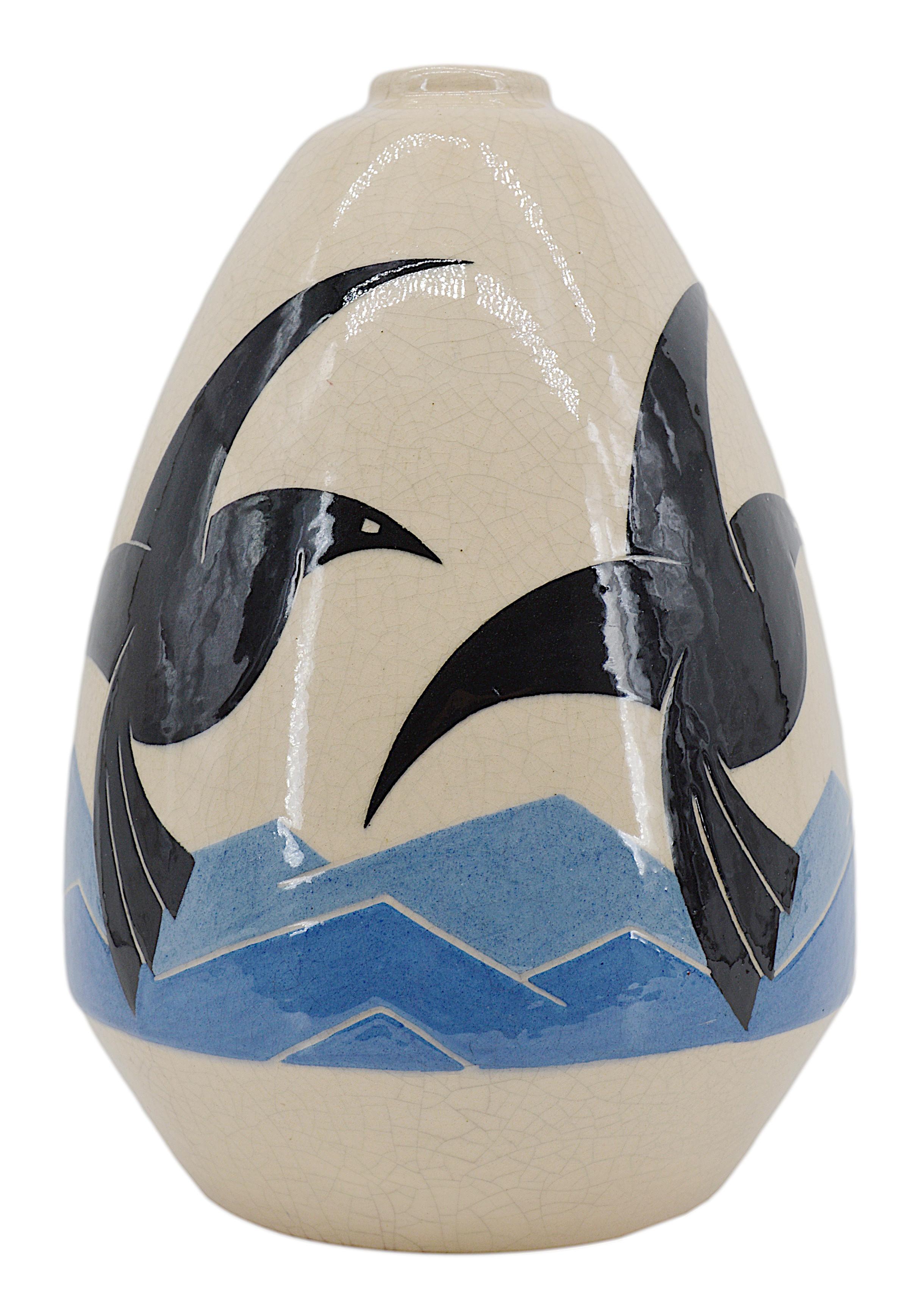Art Deco Simone Larrieu, Large Seagulls Vase, 1930s