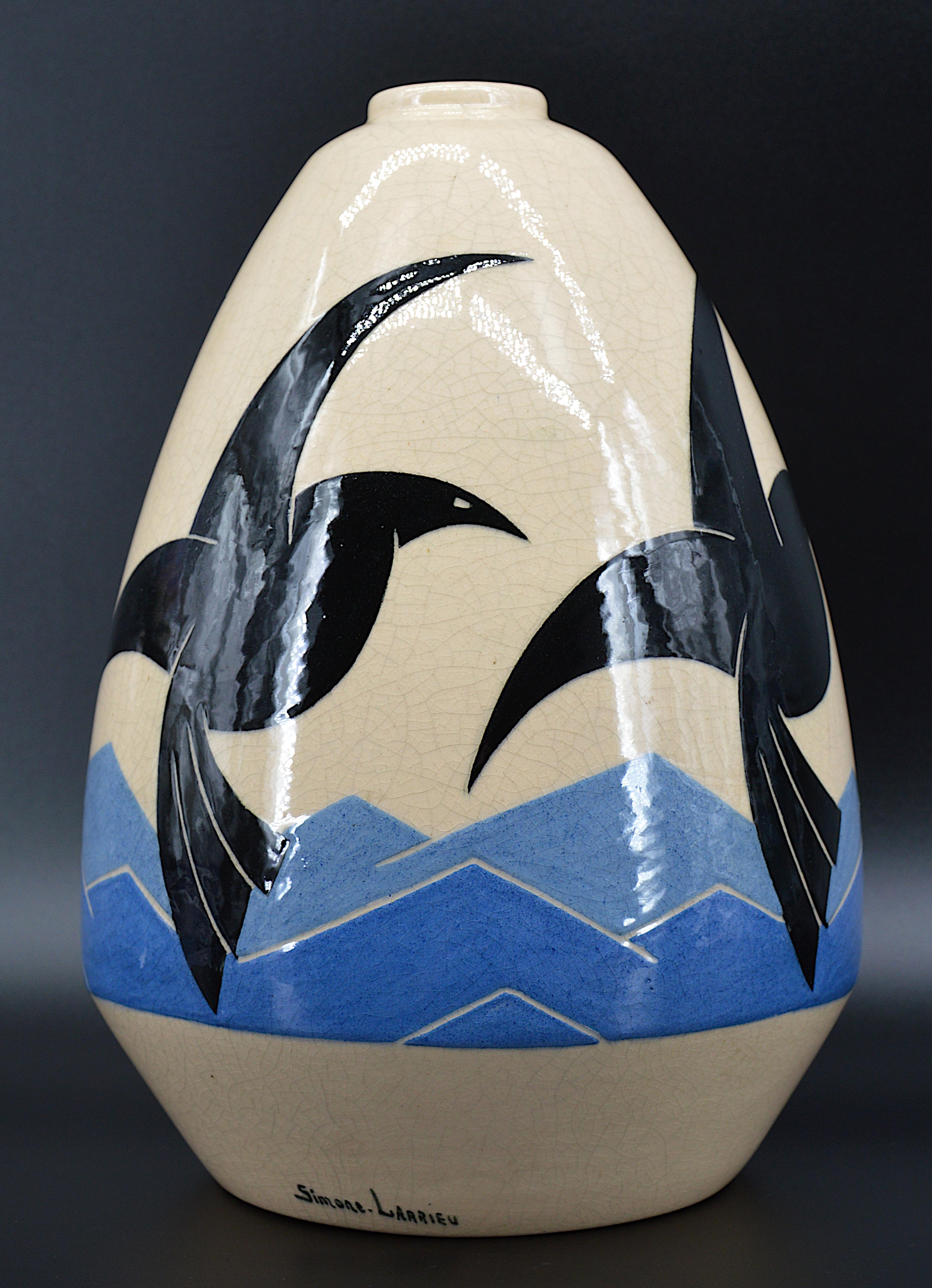 French Simone Larrieu, Large Seagulls Vase, 1930s