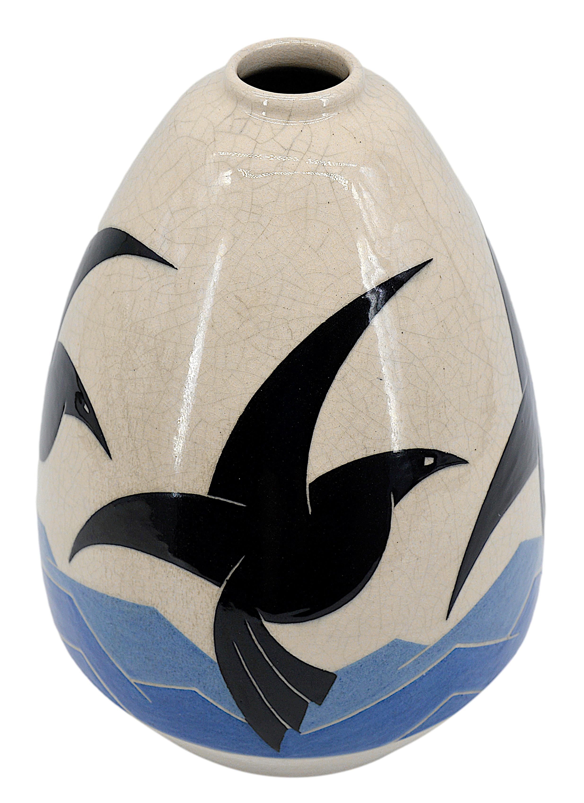 Simone Larrieu, Large Seagulls Vase, 1930s In Excellent Condition In Saint-Amans-des-Cots, FR