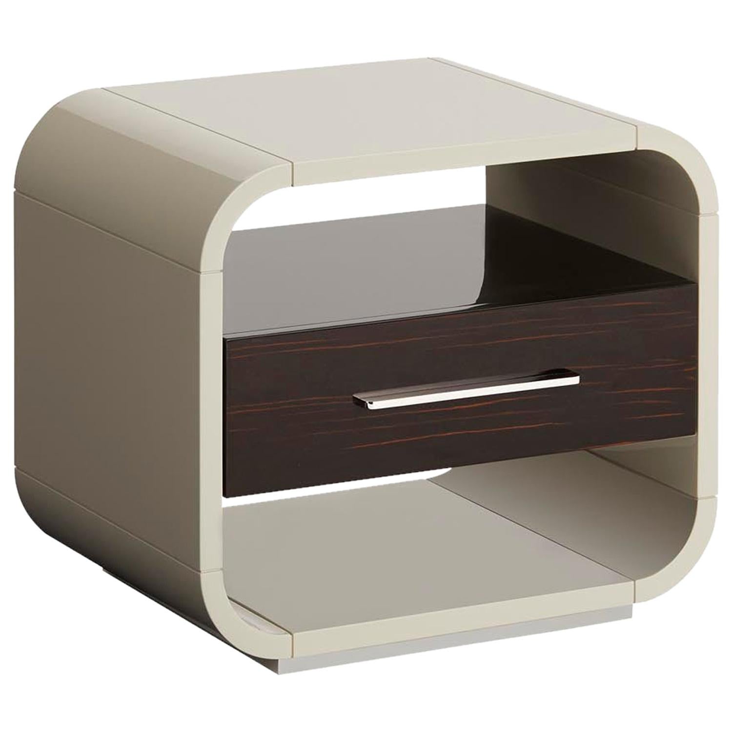 Simone Nightstand with Ebony Makassar Drawer and Glossy Lacquered Structure