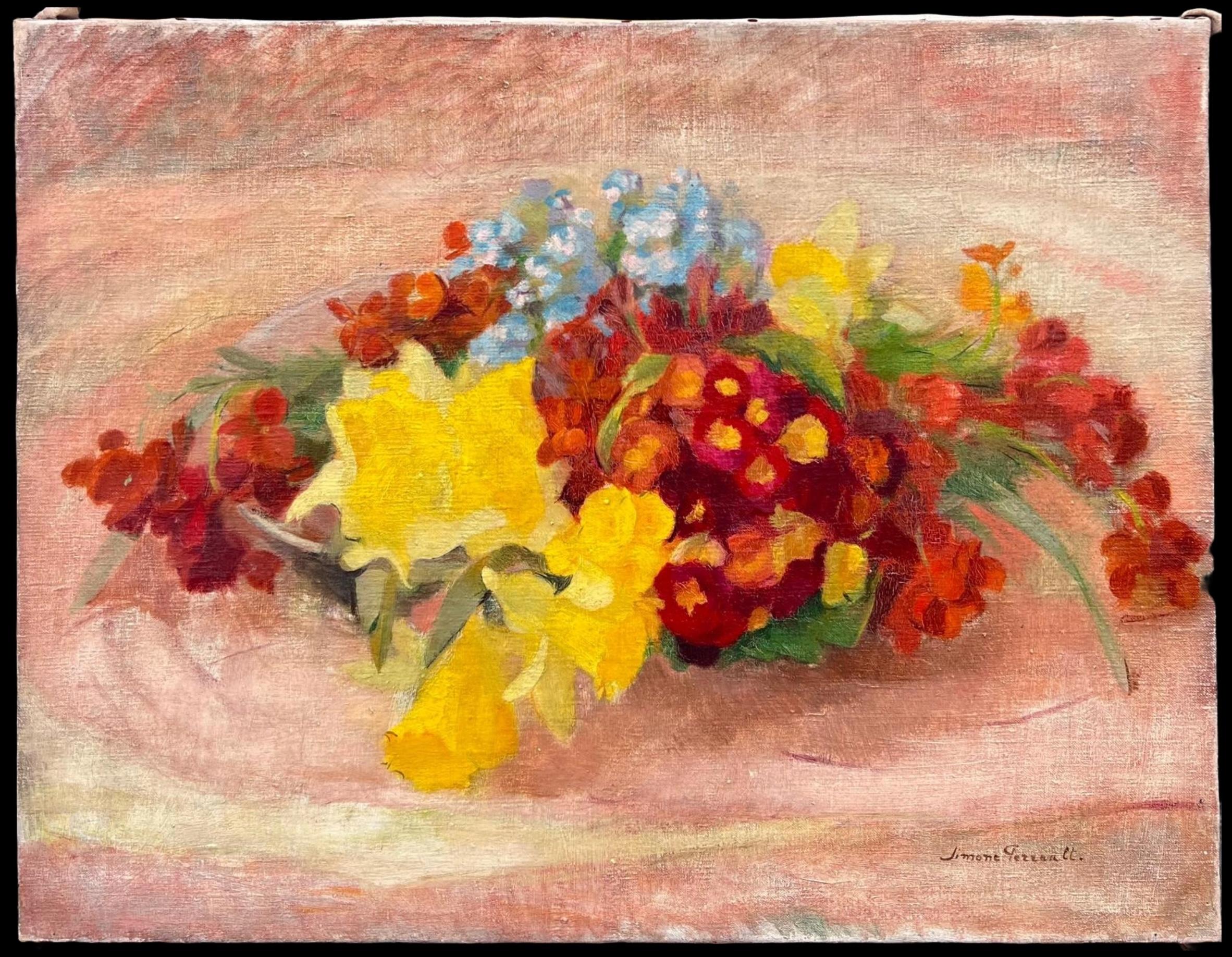 Beautiful Vintage French Oil Painting Still Life Flowers on Table Top, Large oil - Beige Interior Painting by Simone Perrault