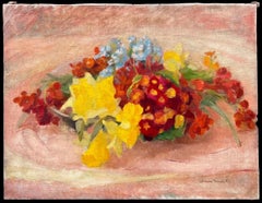 Magnifique peinture à l'huile française Vintage Nature morte aux fleurs sur table, grande huile